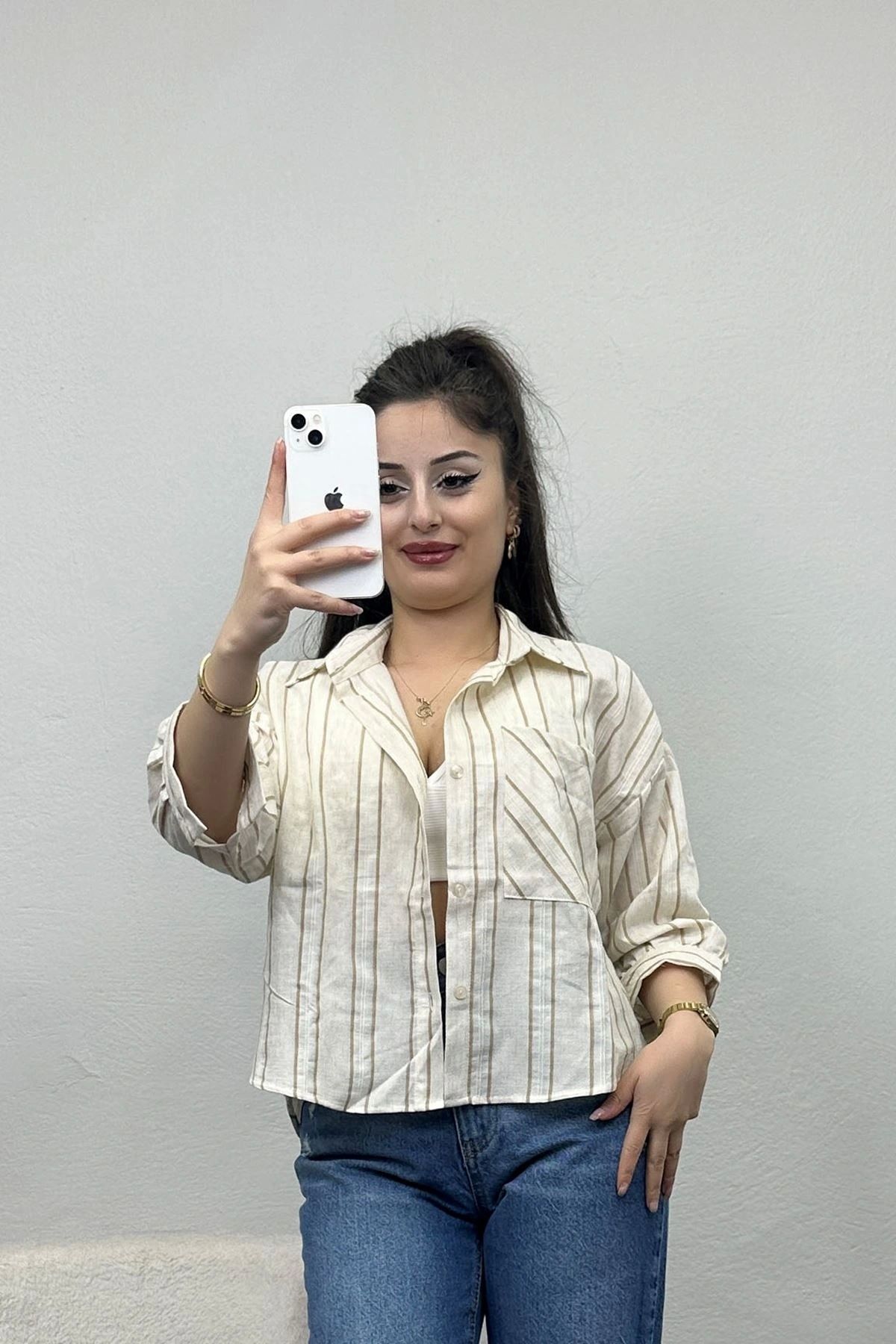 OurStyles Reyon Marka Keten Crop Gömlek Laciçizgili - 70144.1996.