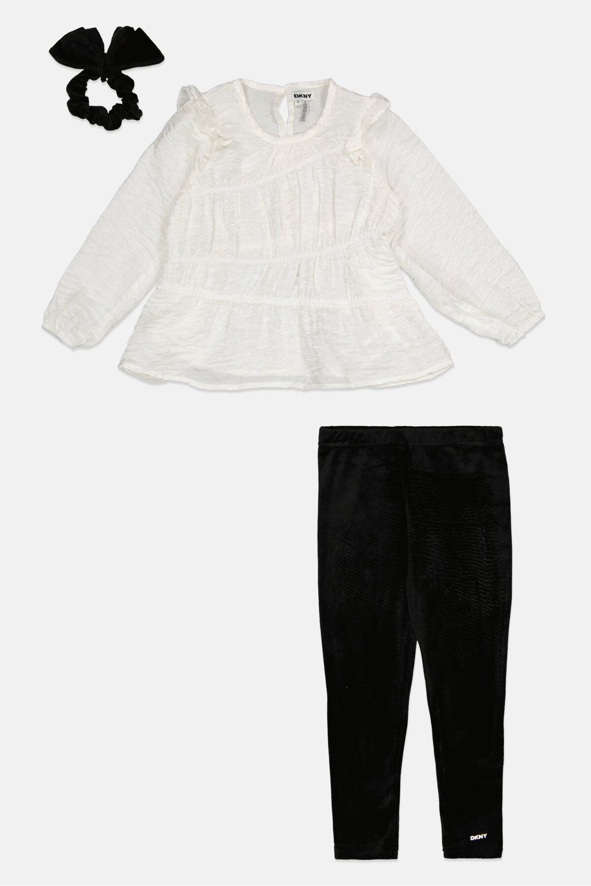Dkny-Toddlers Girl 3 Pcs Textured Long Sleeves Top And Bottom With Scrunchie Set, Multicolor 1