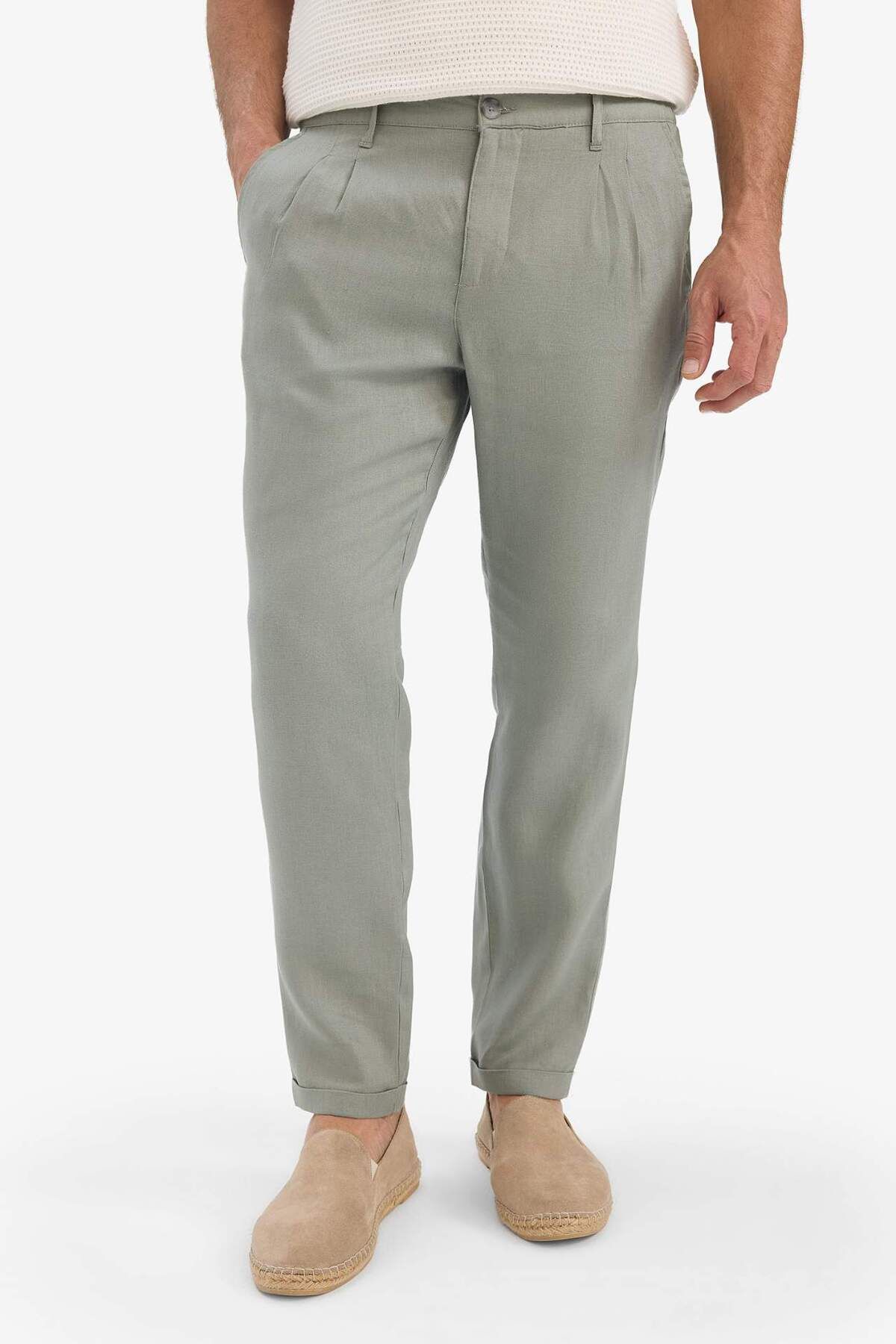 DeFacto %100 Keten Normal Kesim Crop Duble Paça Yazlık Beyaz Kumaş Pantolon C1826AX25SM
