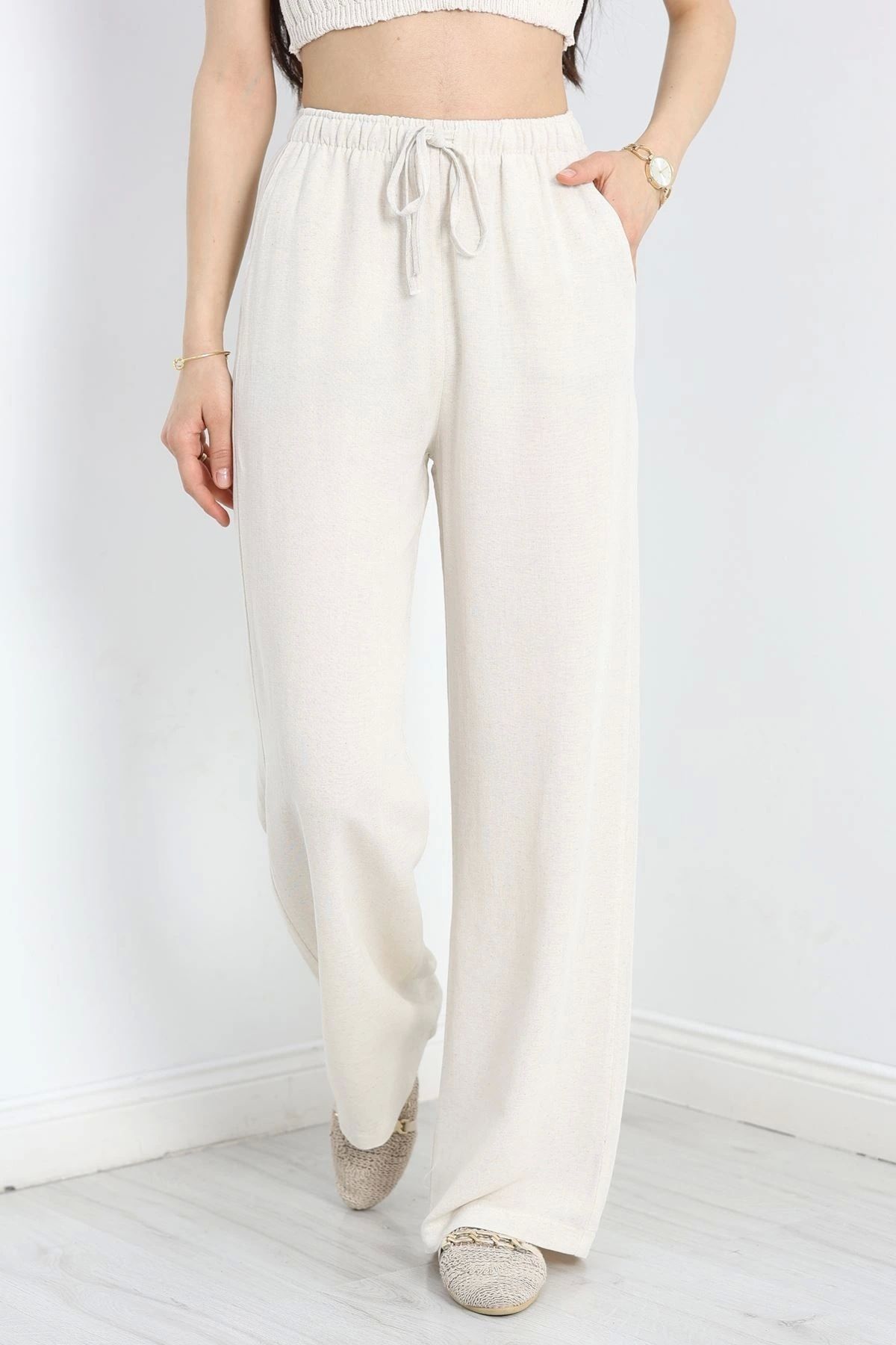 OurStyles Pamuk Keten Beli Lastikli Palazzo Pantolon Taş - 30761.1397.