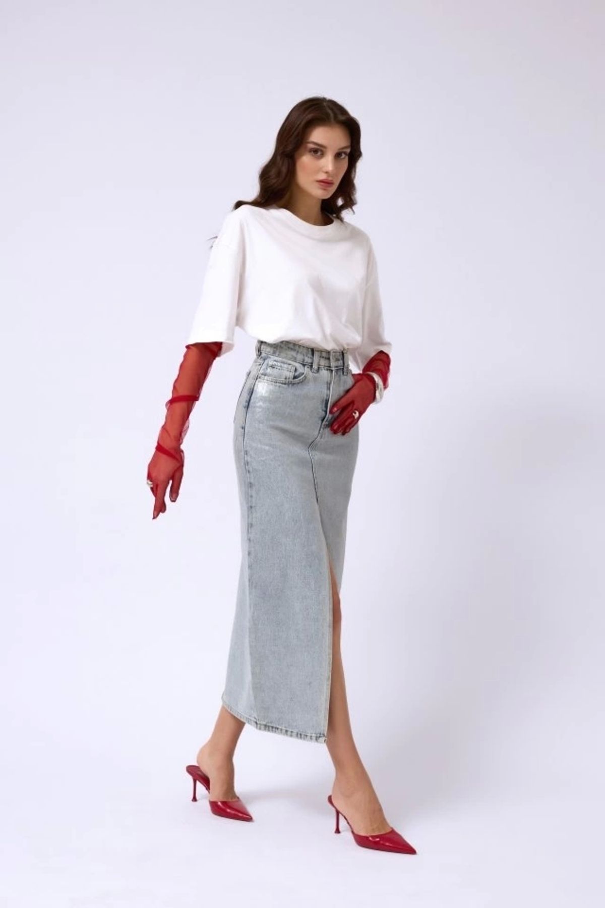 Kaplan Varak Baskılı Yırtmaçlı Maxi Denim Etek