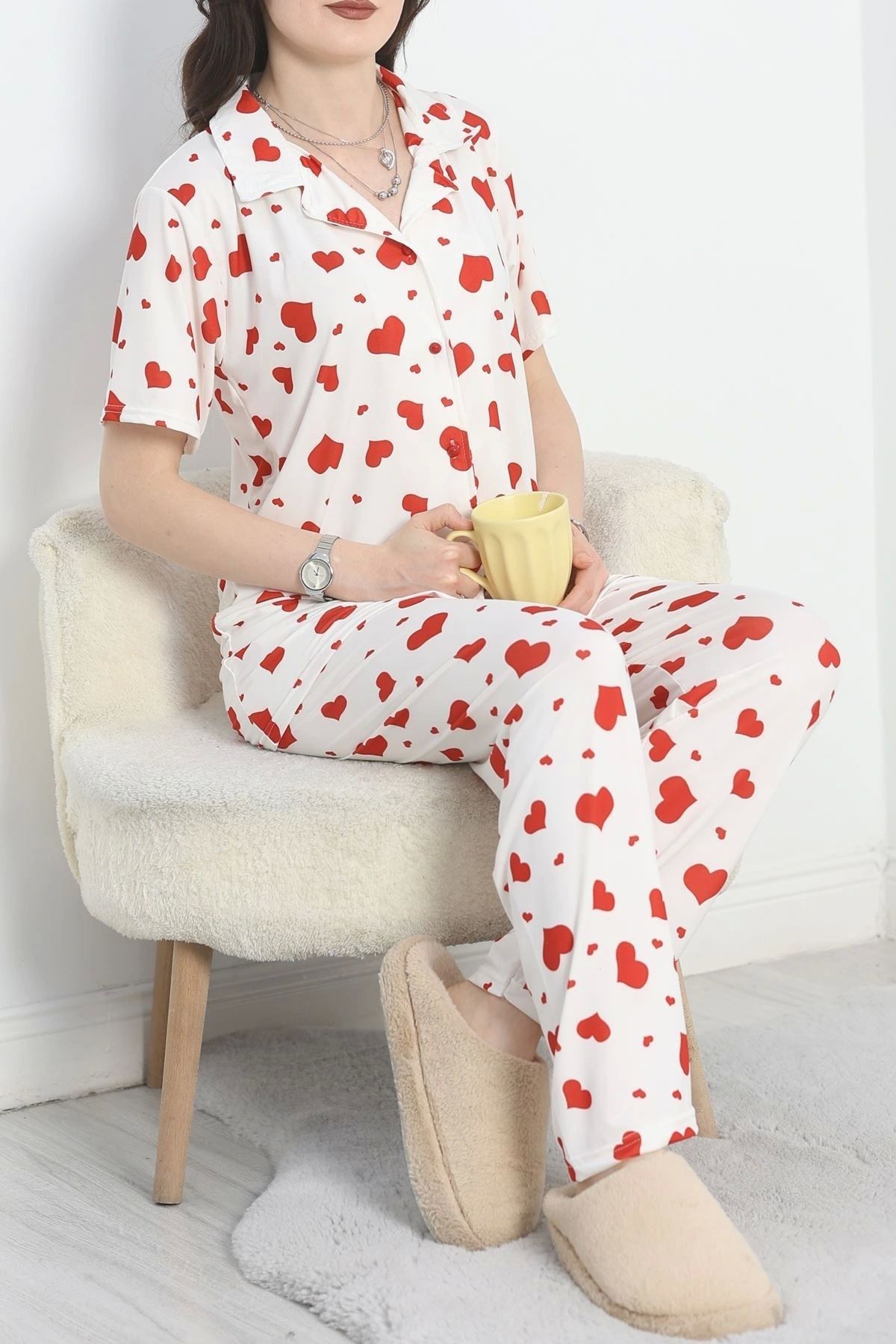OurStyles Milan Kumaş Düğmeli Pijama Takımı Beyazkırmızı - 50415.1951.