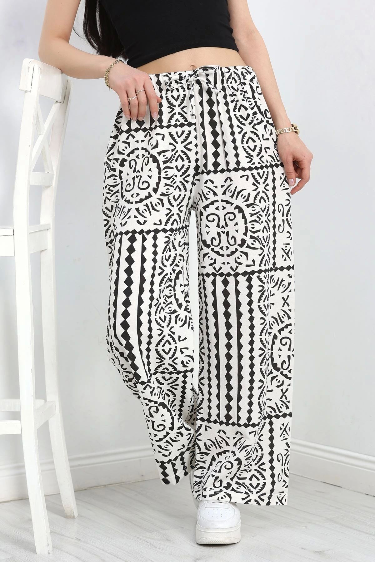 OurStyles Bol Paça Keten Pantolon Beyazyeşil - 40220.701.
