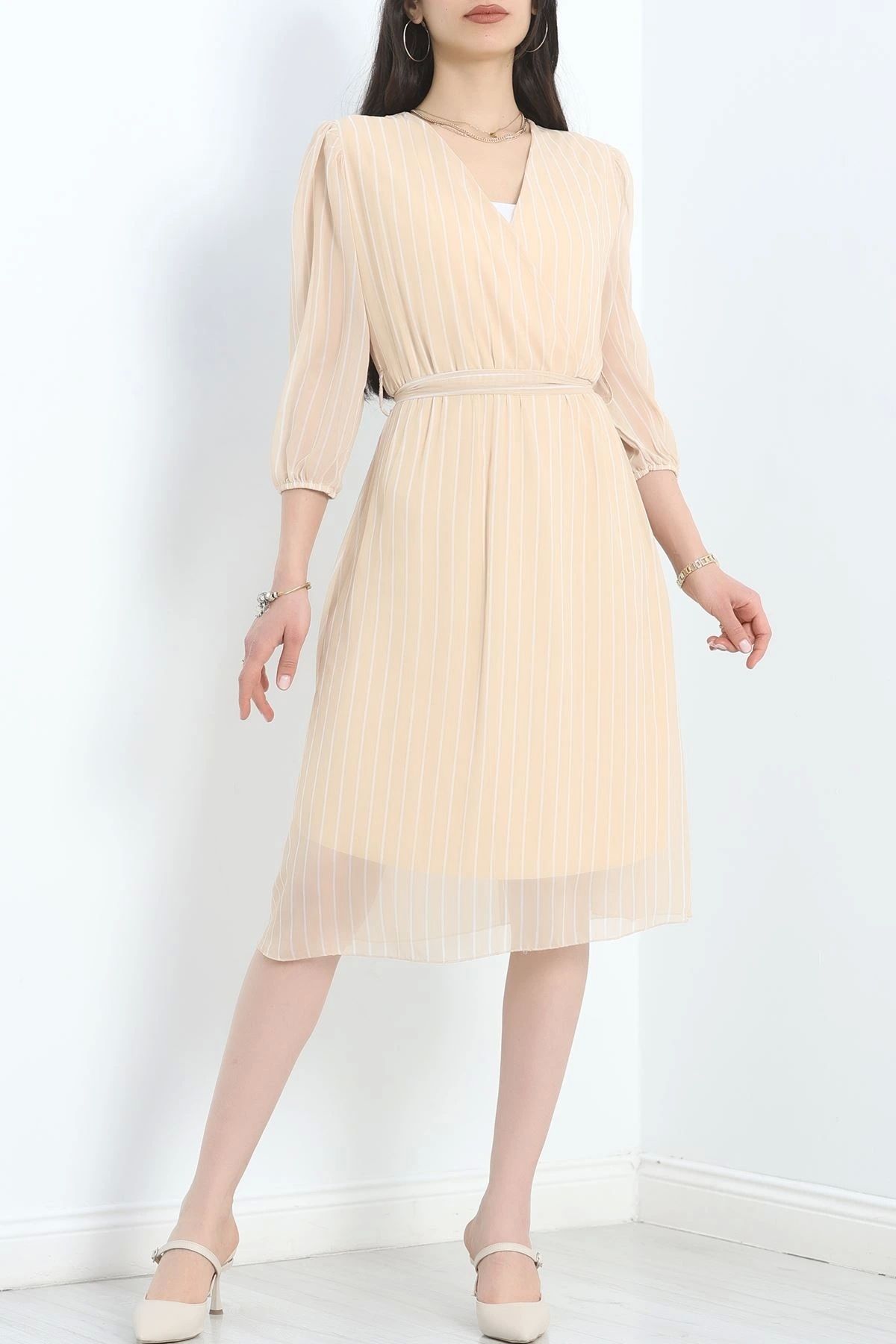 OurStyles Çizgili Şifon Elbise Mercan - 40539.1987.