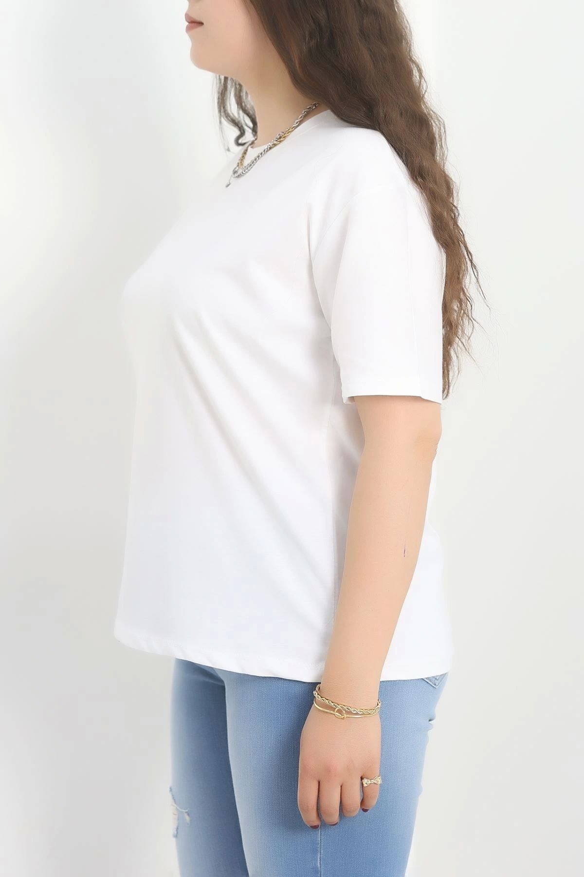 OurStyles Büyük Beden Bisiklet Yaka Lüks Penye Tişört Beyaz - 80102.1878.