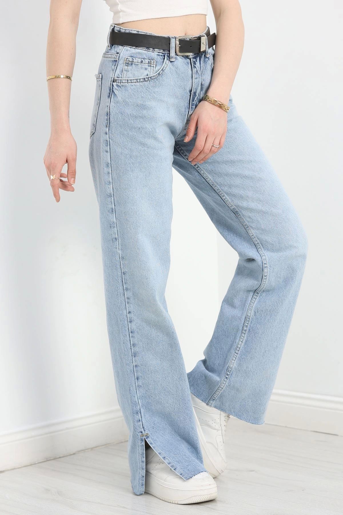 OurStyles Paça Yırtmaçlı Kemerli Palazzo Kot Pantolon Açıkmavi - 30490.1975.