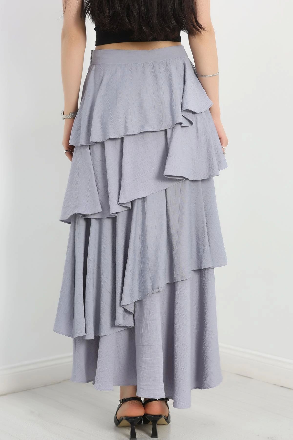 OurStyles Katlı Volanlı Etek Açıkgri - 40612.683.
