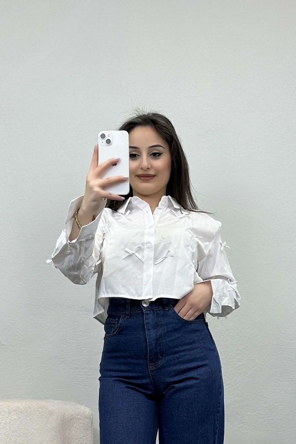 OurStyles Fiyonk Detay Crop Gömlek Beyaz - 40412.1594.