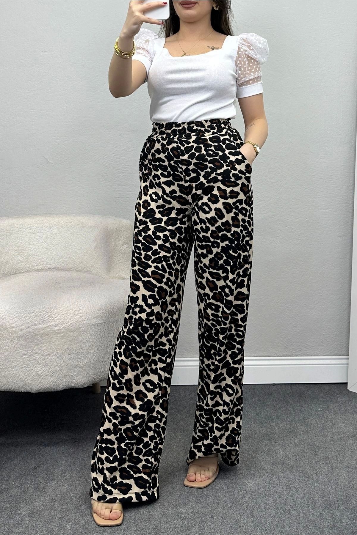 OurStyles Polyester Kaşkorse Beli Lastikli Pantolon Leopar - 40522.1247.