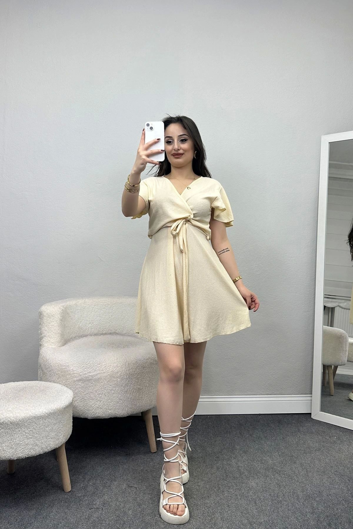 OurStyles Kruvaze Yaka Bürümcük Elbise Kahve - 40685.1748.