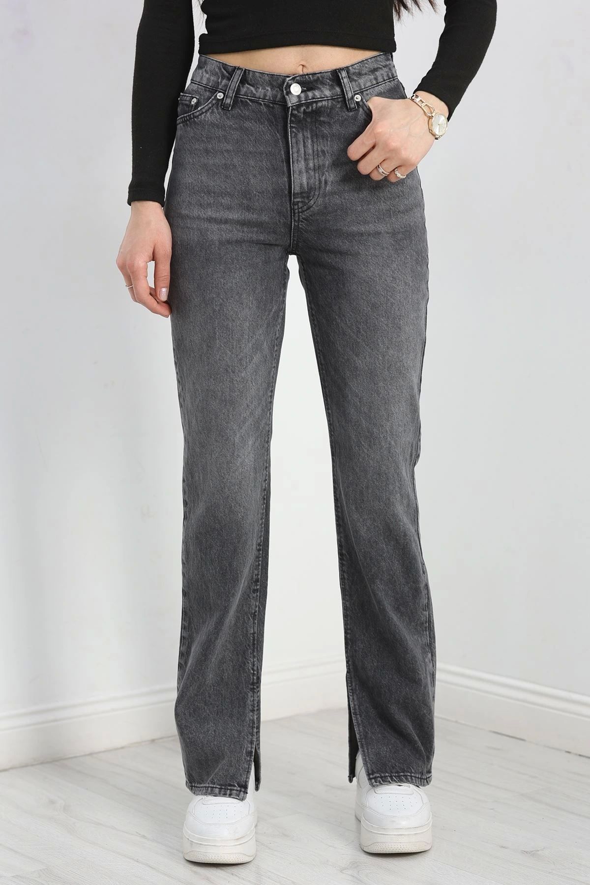 OurStyles Paça İçten Yırtmaçlı Straight Jean Füme - 30361.1968.
