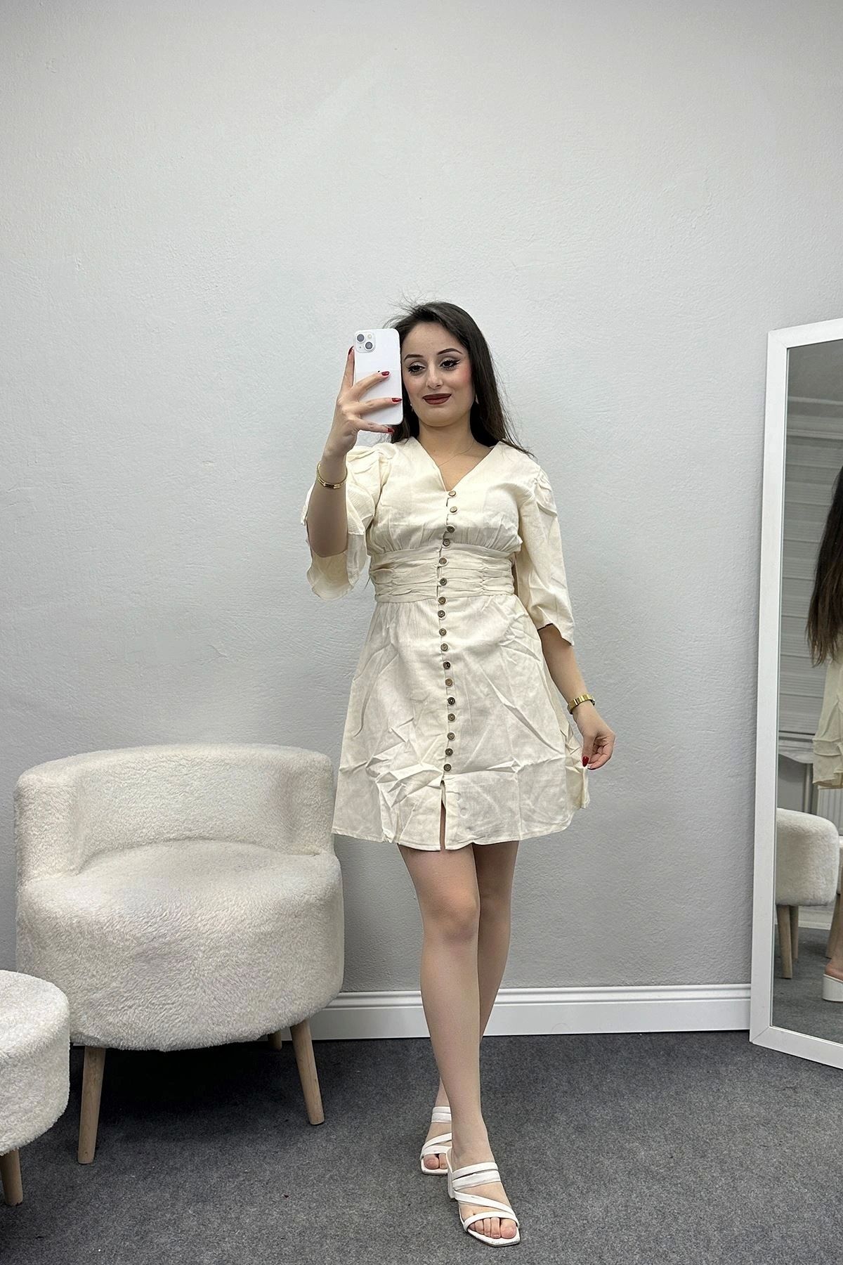 OurStyles Düğmeli Keten Elbise Krem - 960.1247.
