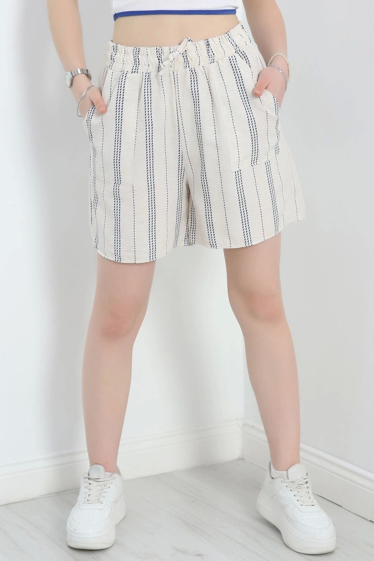OurStyles Keten Çizgili Şort Bejsiyah - 306.1247.