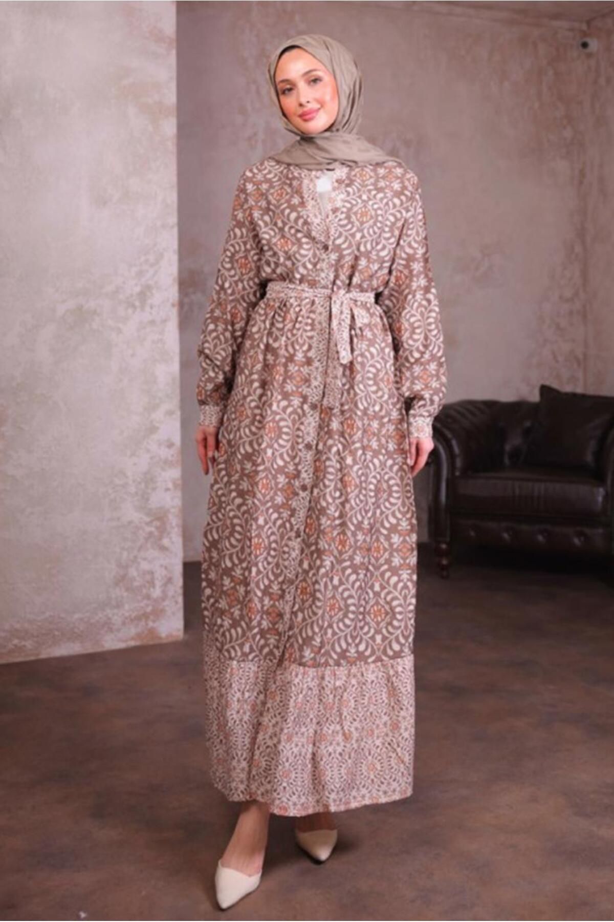 TRENDTESETTÜR KADIN VİZON KUŞAKLI DESENLİ ELBİSE T 2884