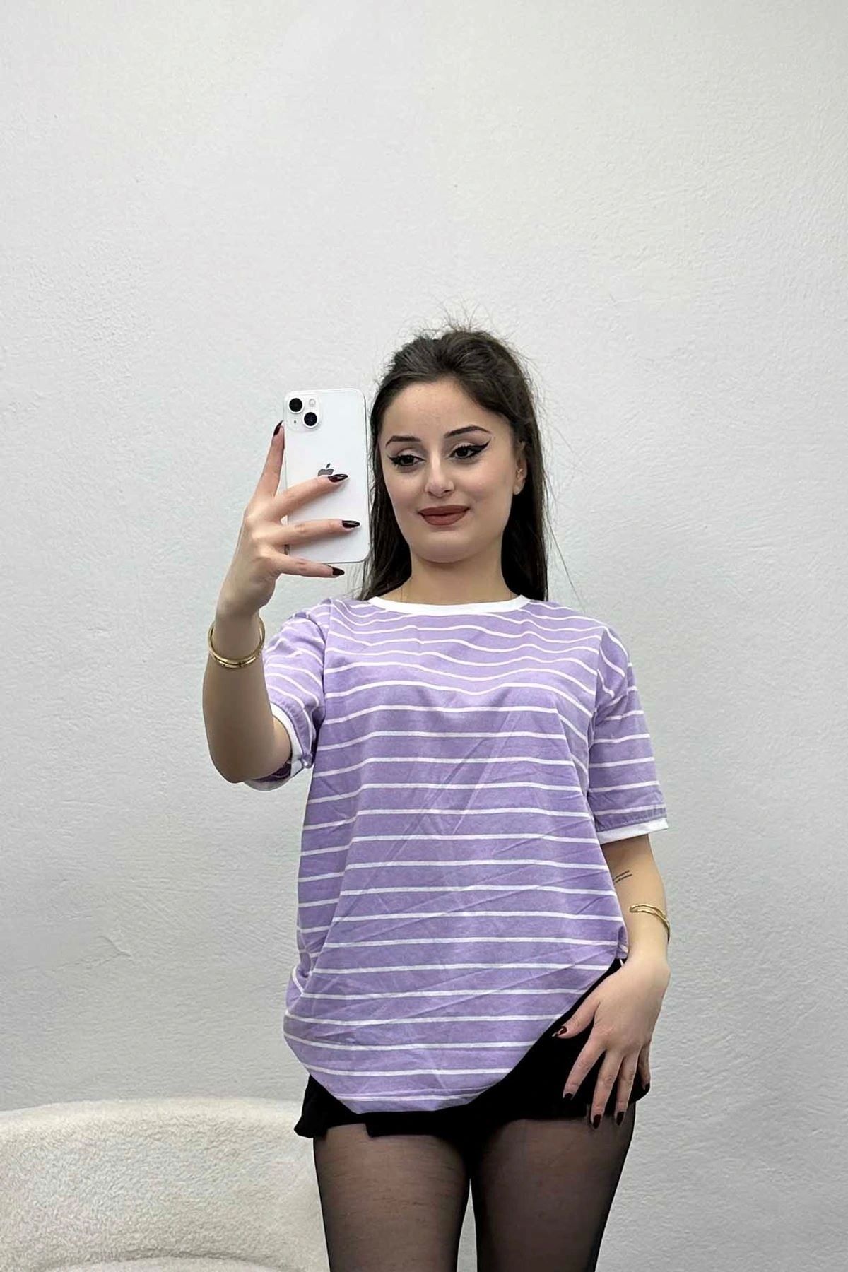 OurStyles Süprem Çizgili Tişört Lilabeyaz - 50038.1567.