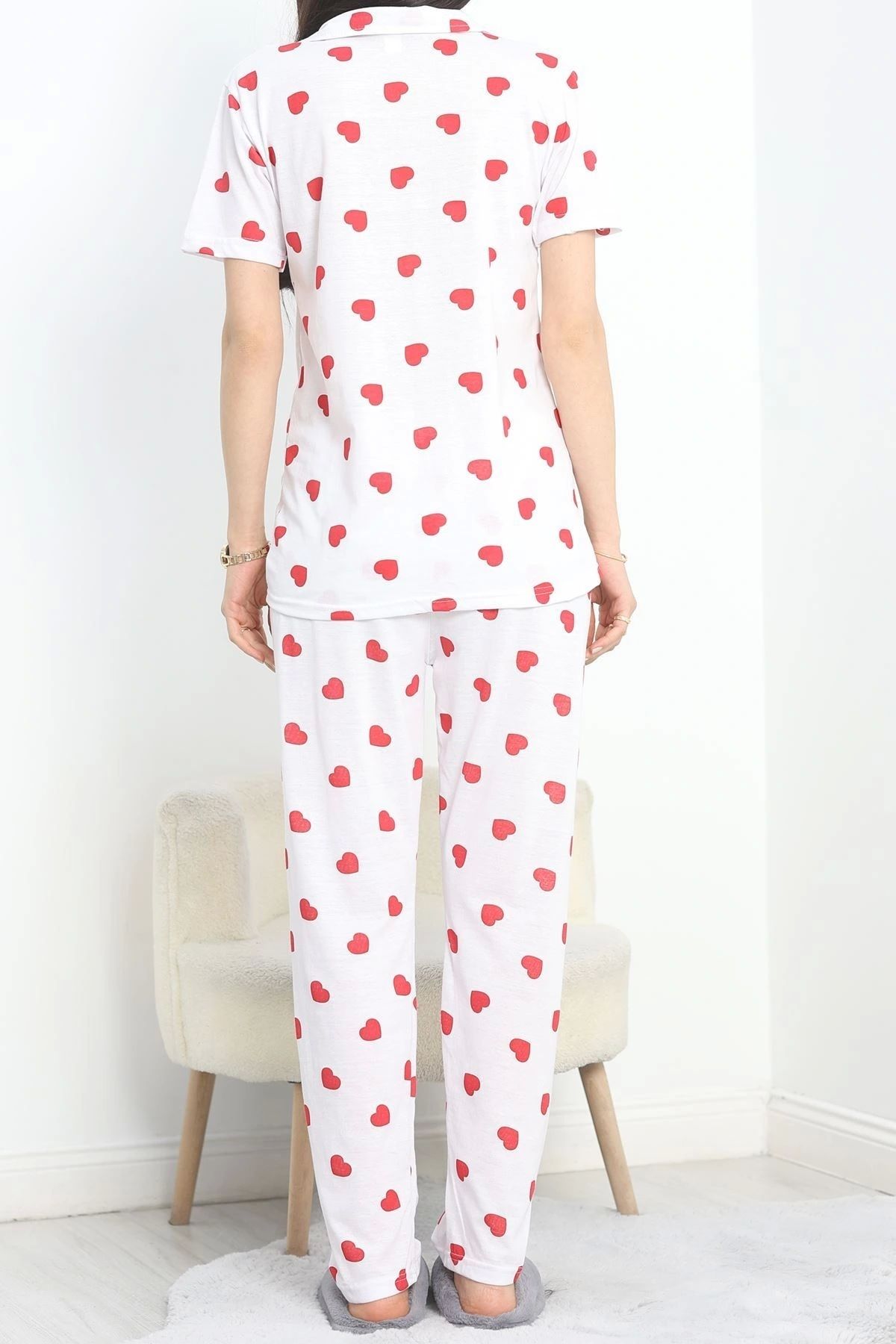 OurStyles Düğmeli Süprem Pijama Takımı Beyazkırmızı - 50389.1048.