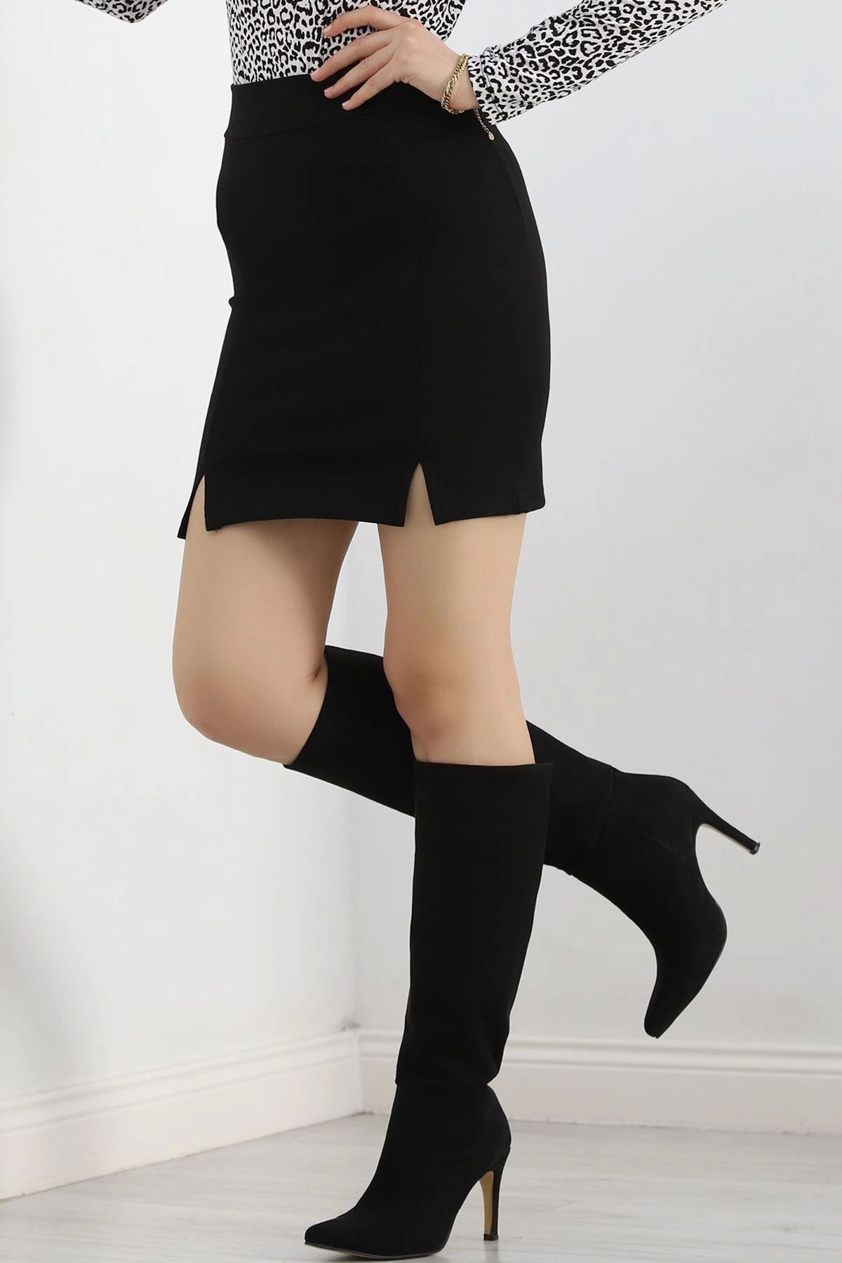 OurStyles Çift Yırtmaçlı Mini Etek Siyah - 16571.316.