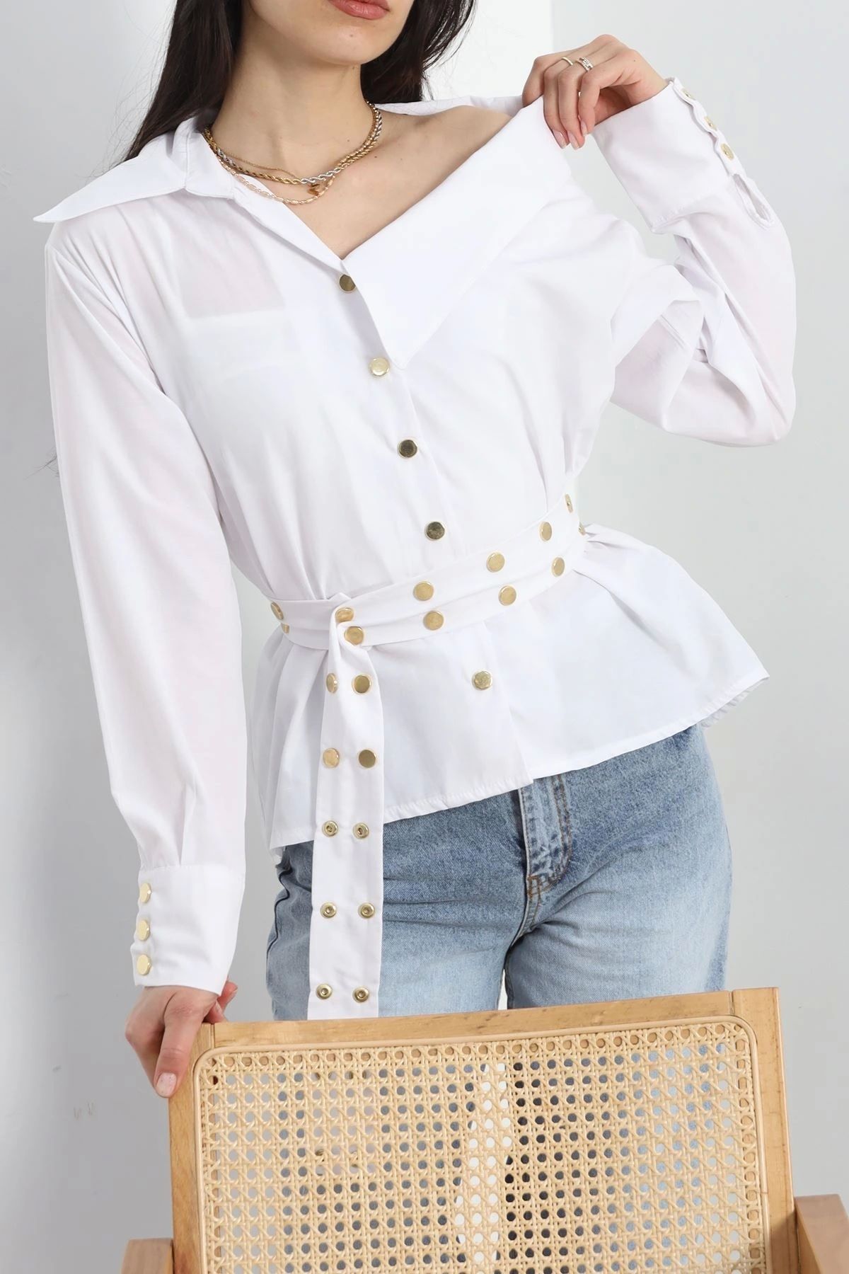 OurStyles Gold Düğmeli Kuşaklı Gömlek Beyaz - 50106.1916.