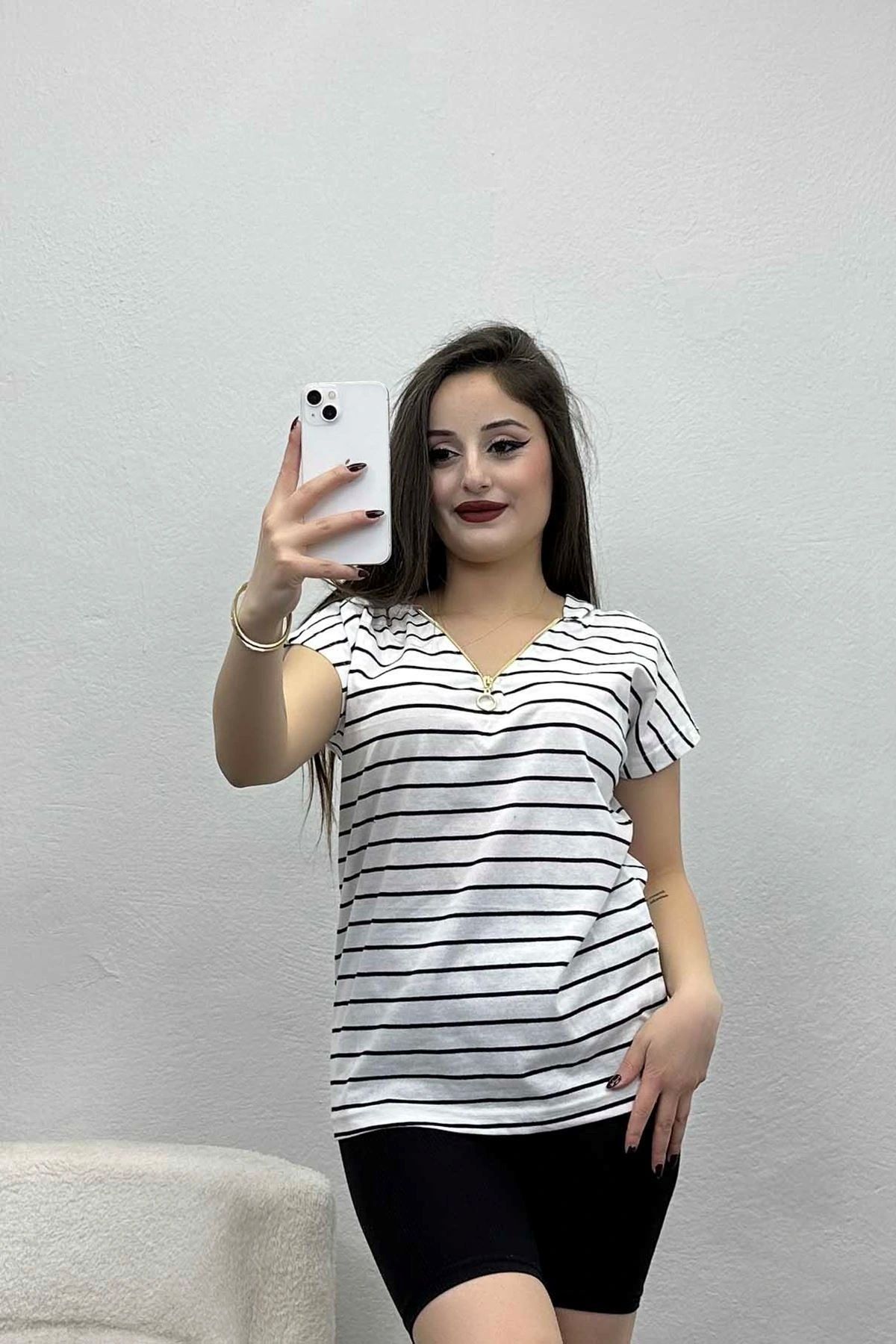 OurStyles Çizgili Kapşonlu Tişört Grisiyah - 15270.1567.