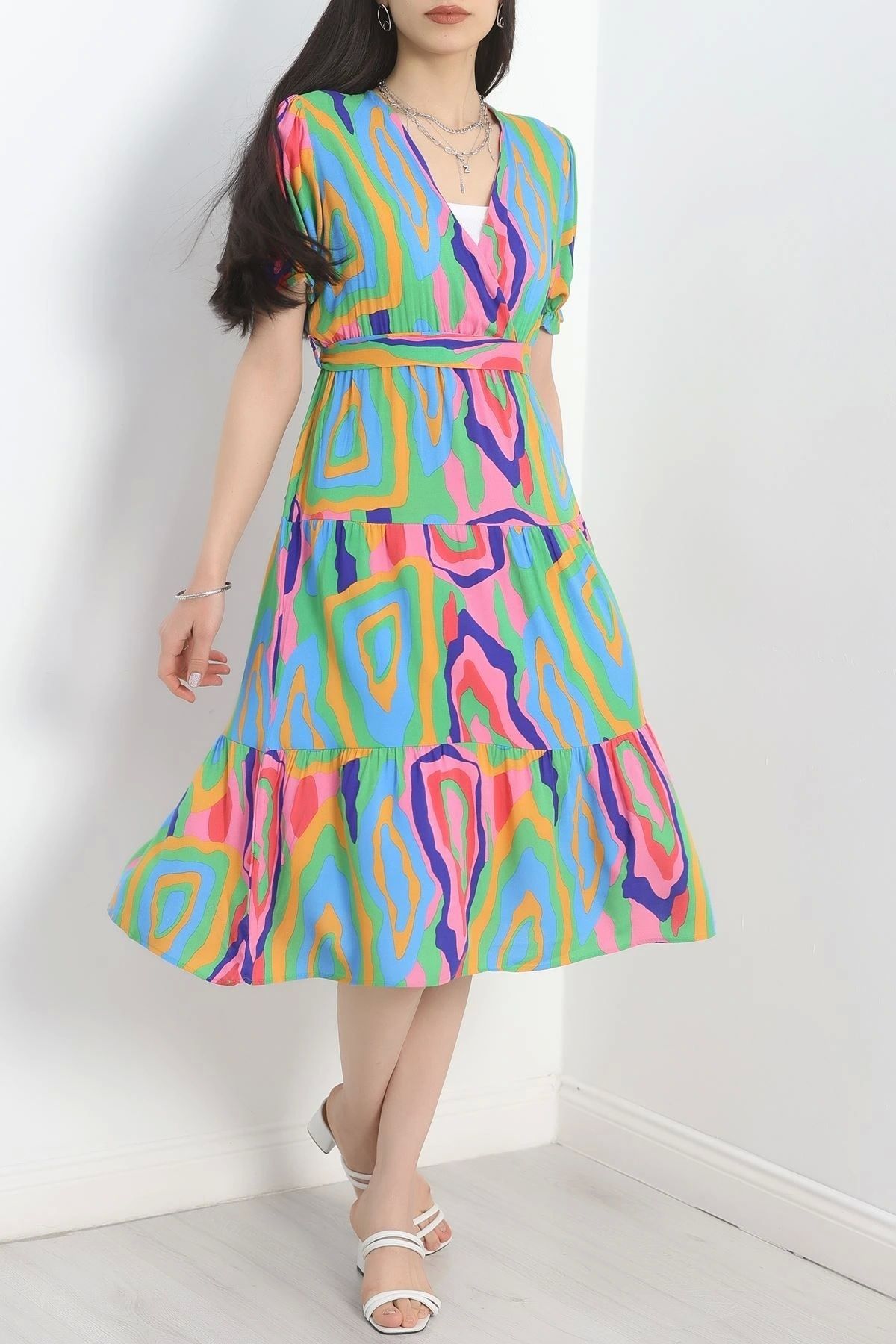 OurStyles Kruvaze Kuşaklı Elbise Gökkuşağı - 22533.1247.