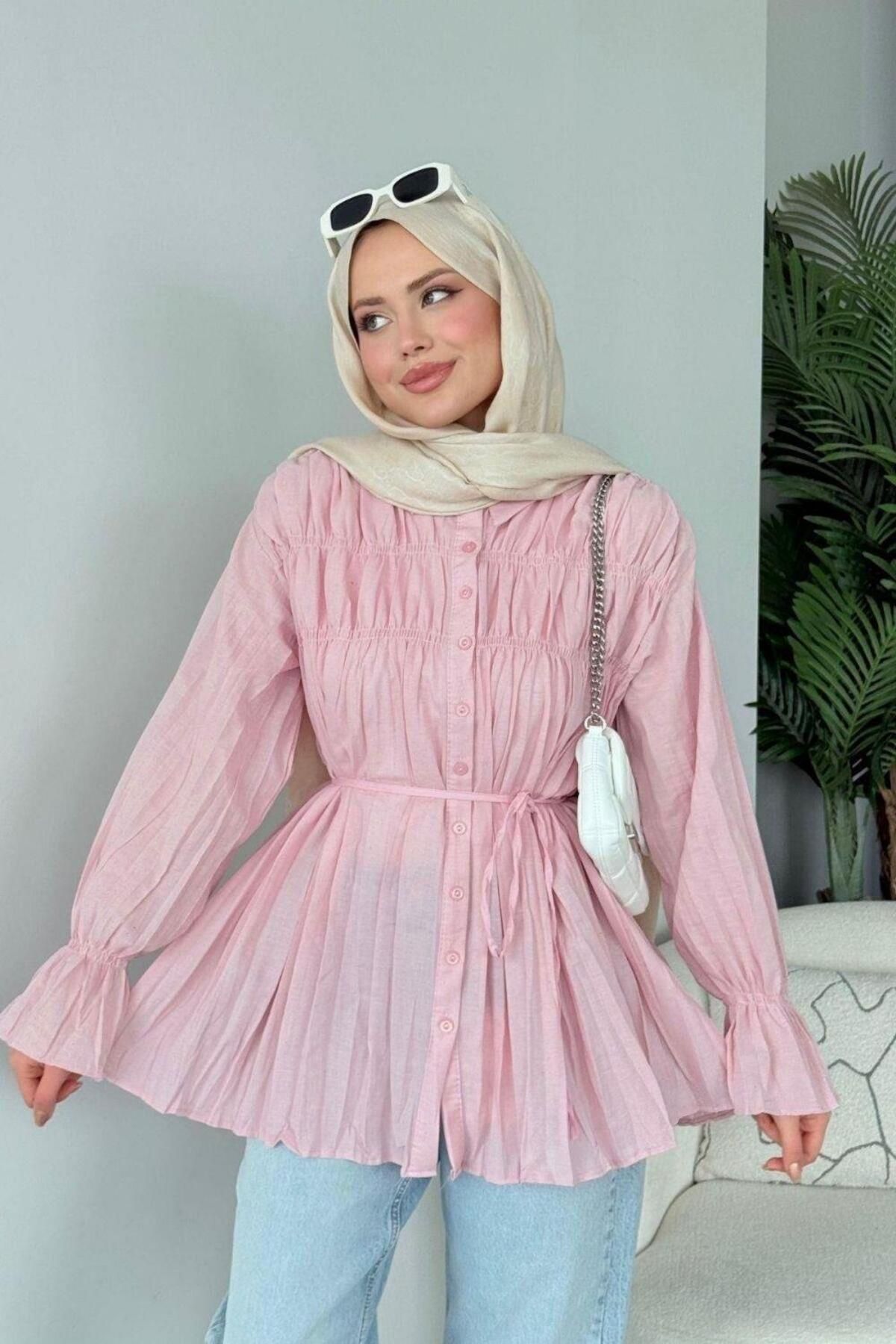 Şulemoda Giyim Lotus Piliseli Gömlek Pembe