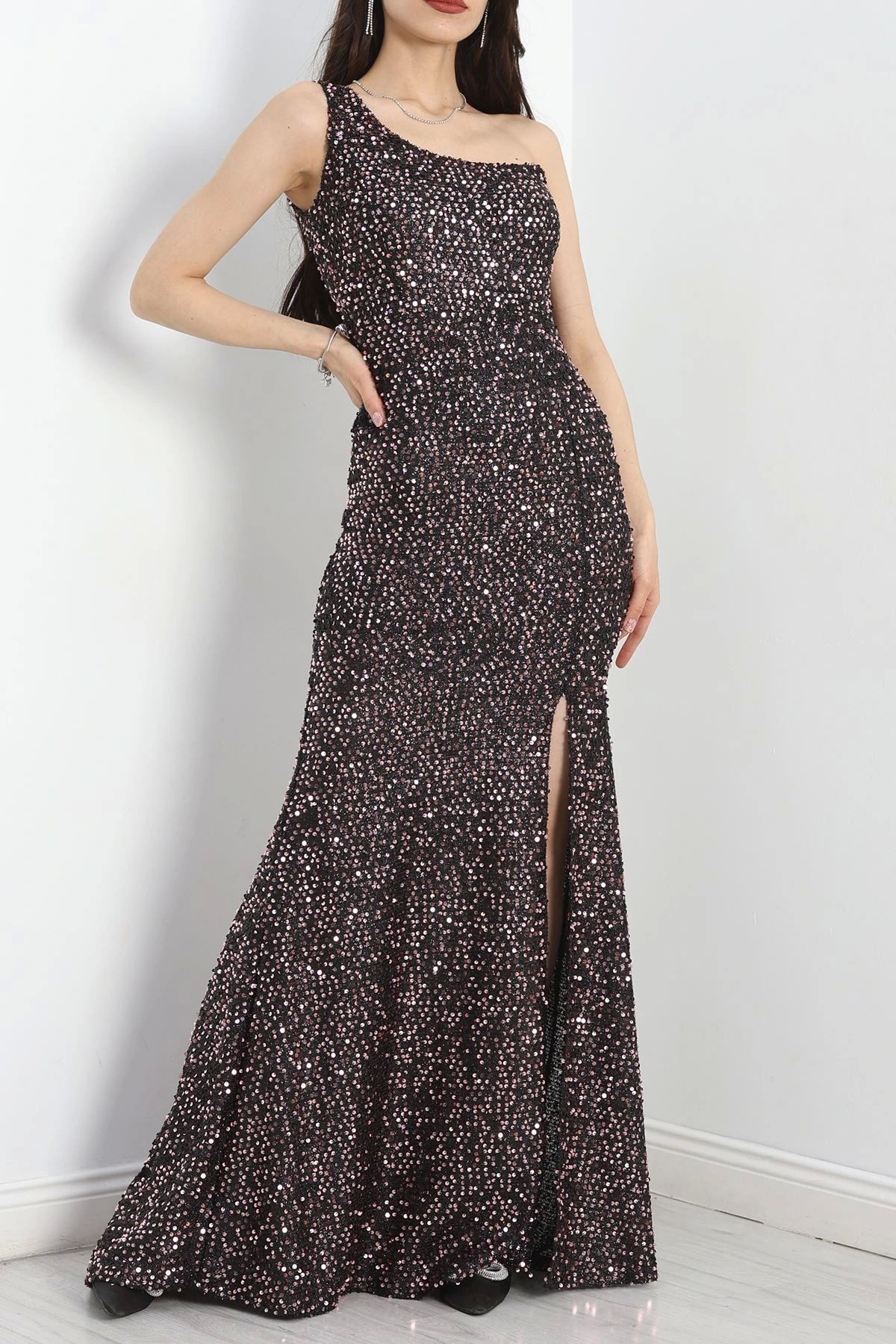 OurStyles Tek Omuz Pul Payetli Elbise Siyah - 583150.1592.