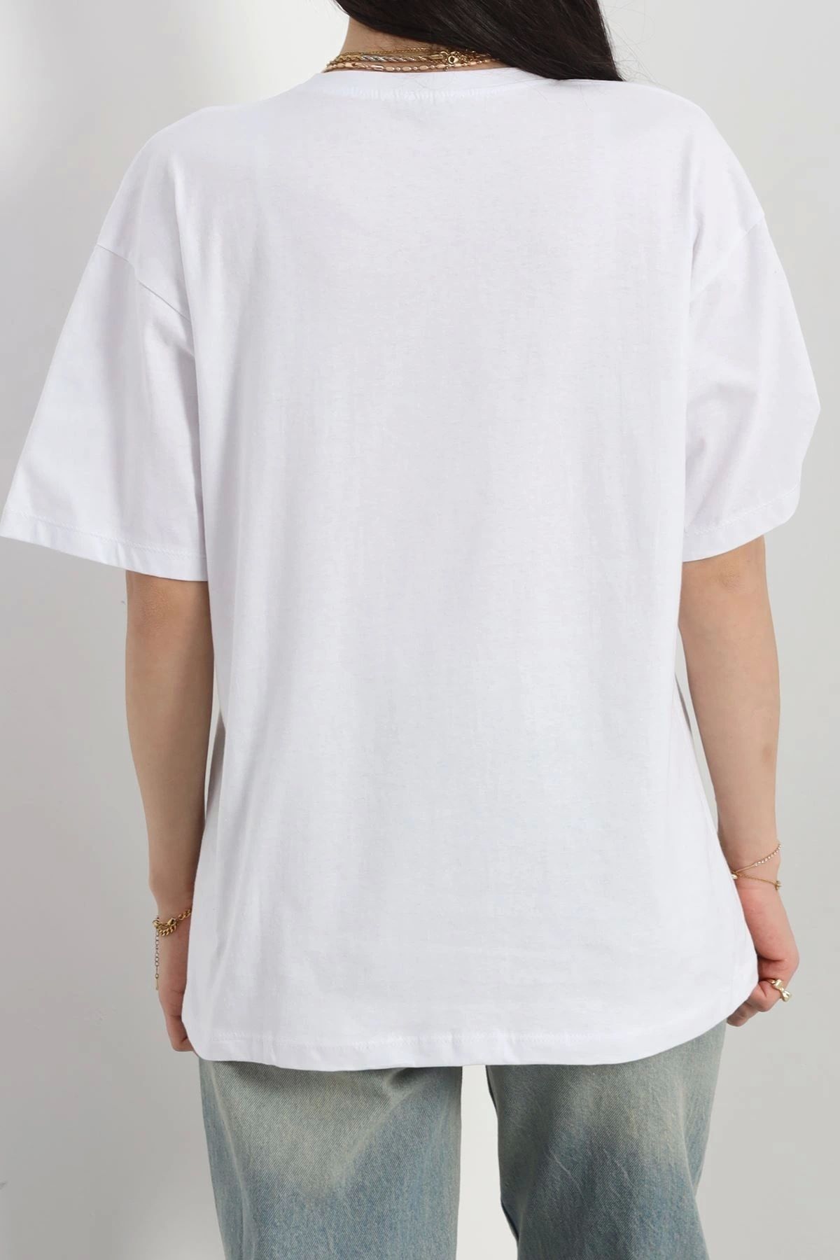 OurStyles Baskılı Oversize Tişört Beyaz - 20023.1567.