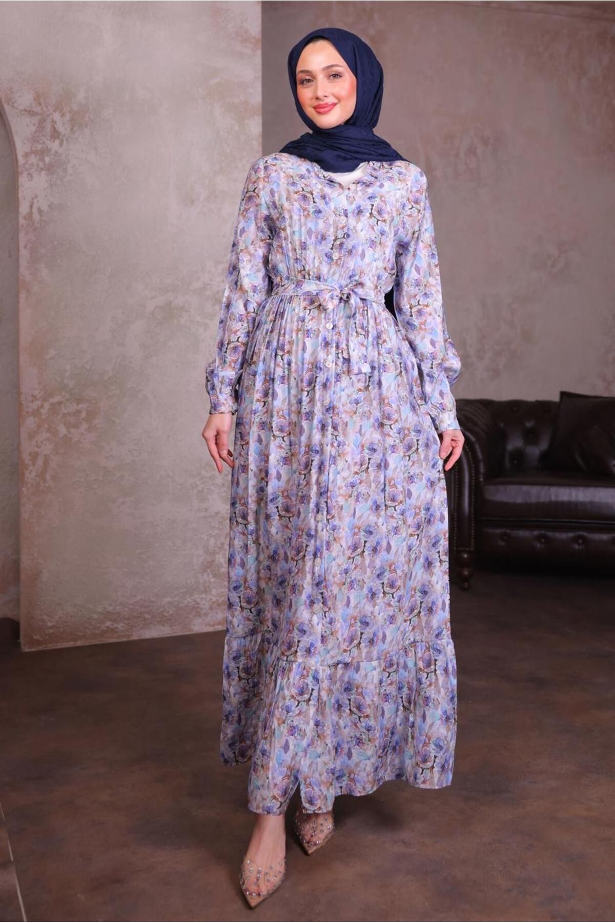 TRENDTESETTÜR KADIN MAVİ KUŞAKLI DESENLİ ELBİSE T 6884