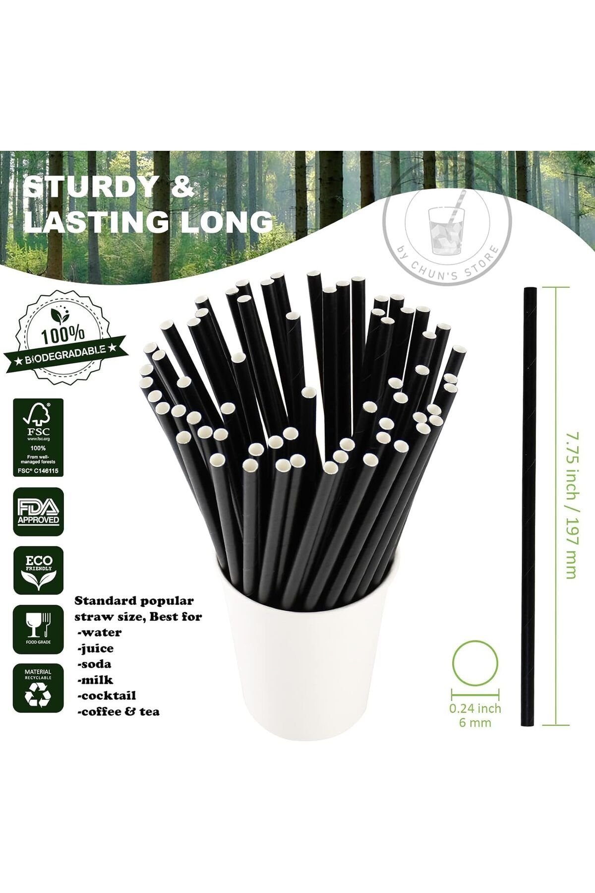 Generic-Azonee 200 Straws, Black Disposable Drinking Paper Straws Bulk Individually Wrapped-Party Essential 6