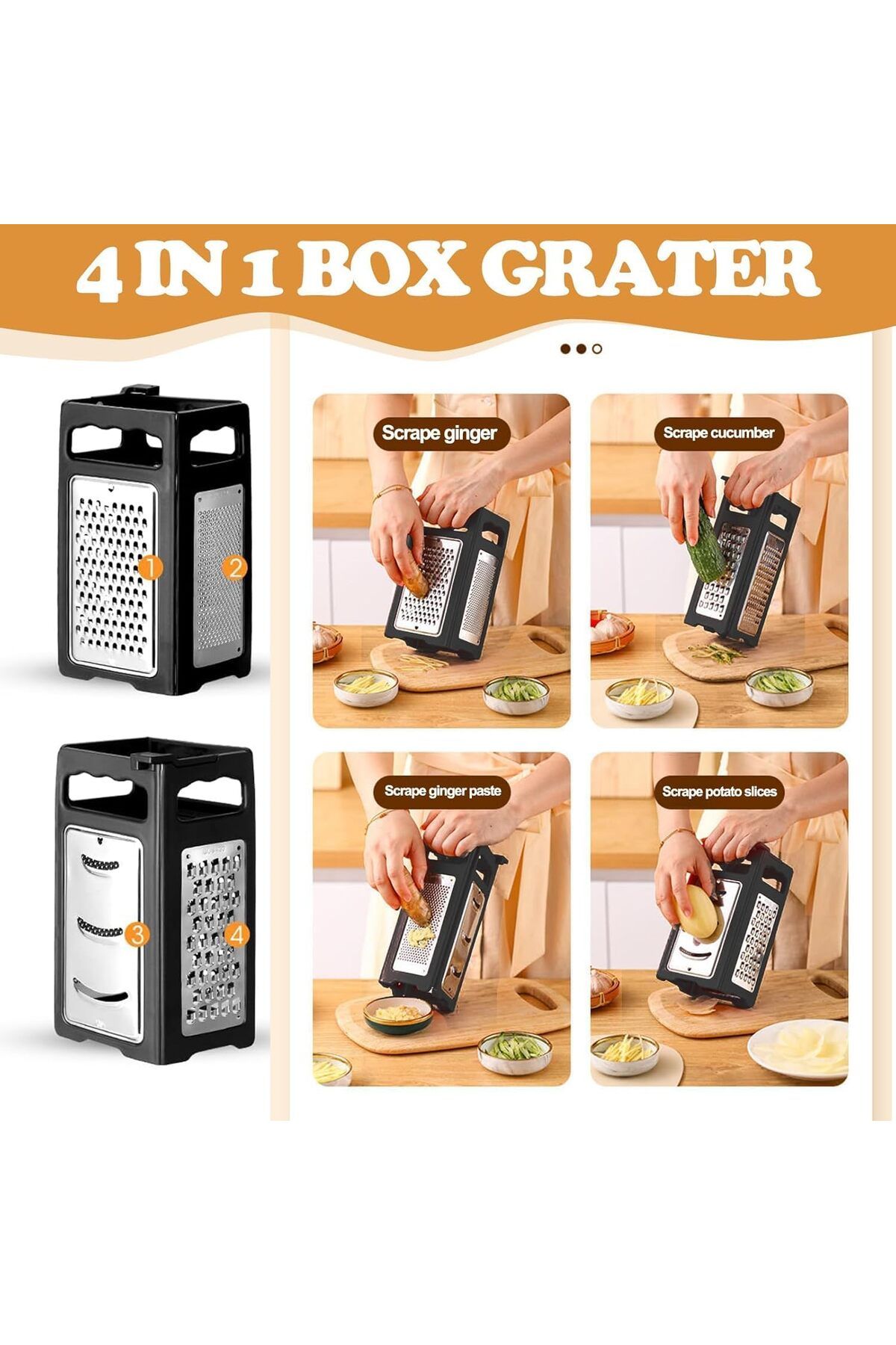 Generic-Cheese Grater, 4 Sided Hand Held Foldable Box Grater with Container Stainless Steel Handheld Grater 6