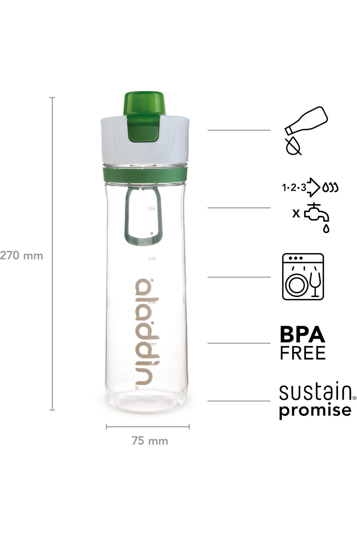 Generic-Aladdin Active Hydration Tracker Water Bottle 0.8L Green – One-Hand Push Button Leakproof Lid | Ref 3