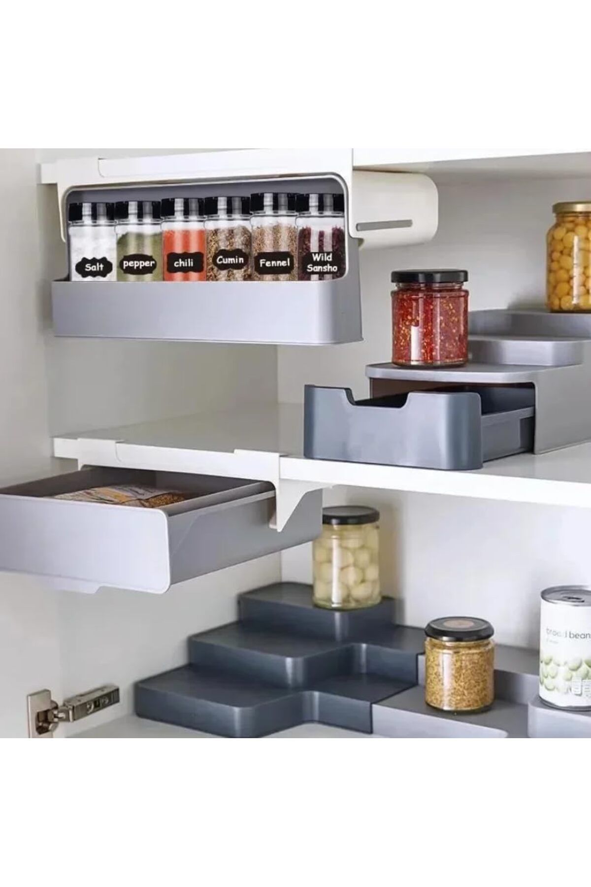 Generic-Spice Storage Organizer, Under Shelf Pull Out Bar for Closet Spice Storage, One Size, Grey-White 3