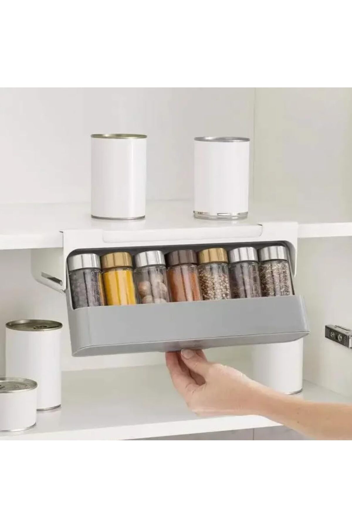 Generic-Spice Storage Organizer, Under Shelf Pull Out Bar for Closet Spice Storage, One Size, Grey-White 5
