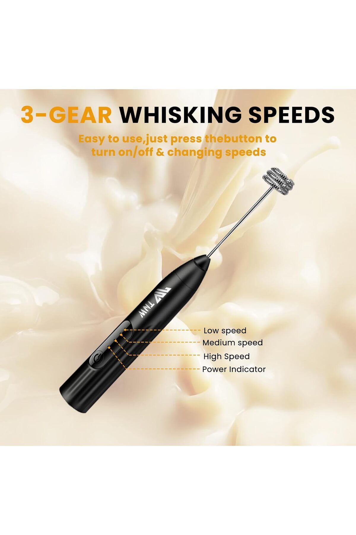 Generic-TNW Mini Handheld Milk Frother - Rechargeable Foam Maker with 2 Stainless Steel Spring Whisks, 3-Sp 3