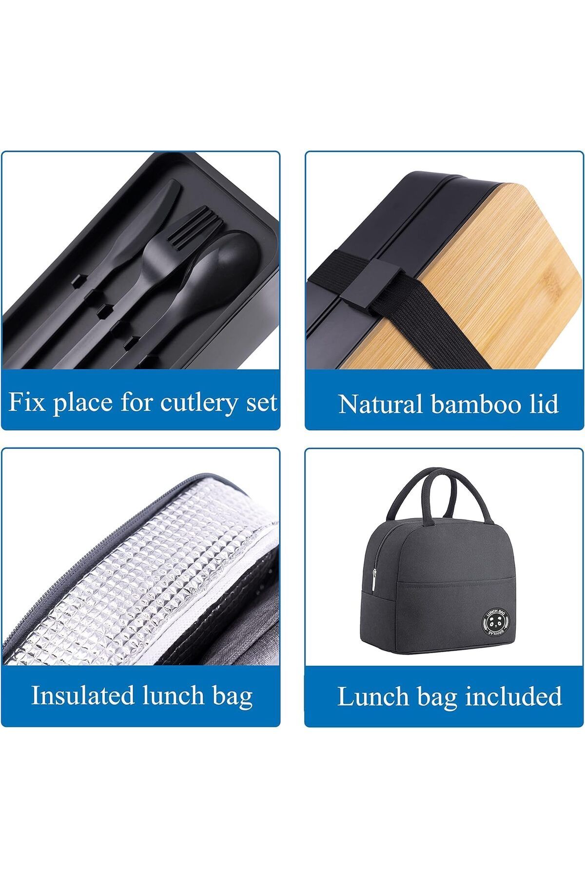 Generic-ALMEKAQUZ Japanese Bamboo Bento Box with Compartments and Utensils, Stackable Lunch Box Includes In 4