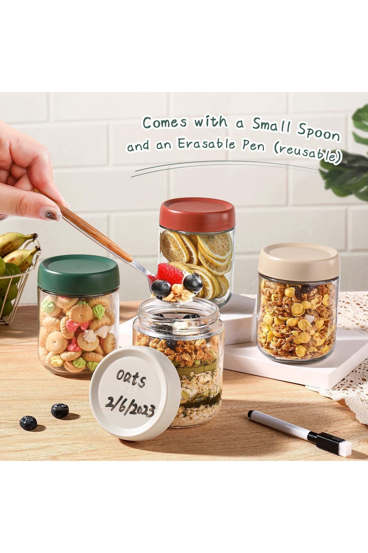 Generic-Yuroochii Overnight Oats Containers with Lids,16oz Glass Jars with Lids - Set Of 4, Practical Oatme 4