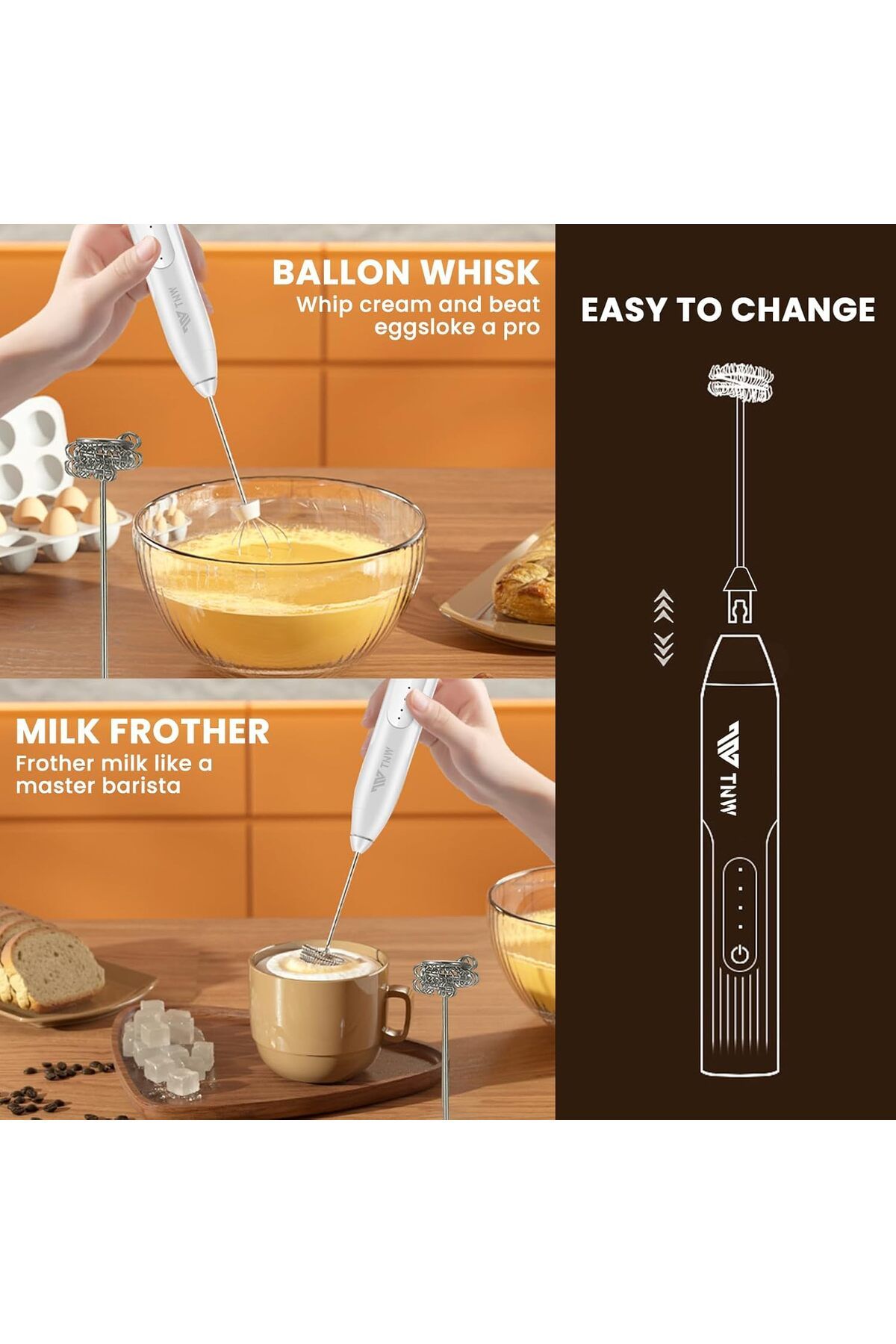 Generic-TNW Mini Handheld Milk Frother - Rechargeable Foam Maker with 2 Stainless Steel Spring Whisks, 3-Sp 5