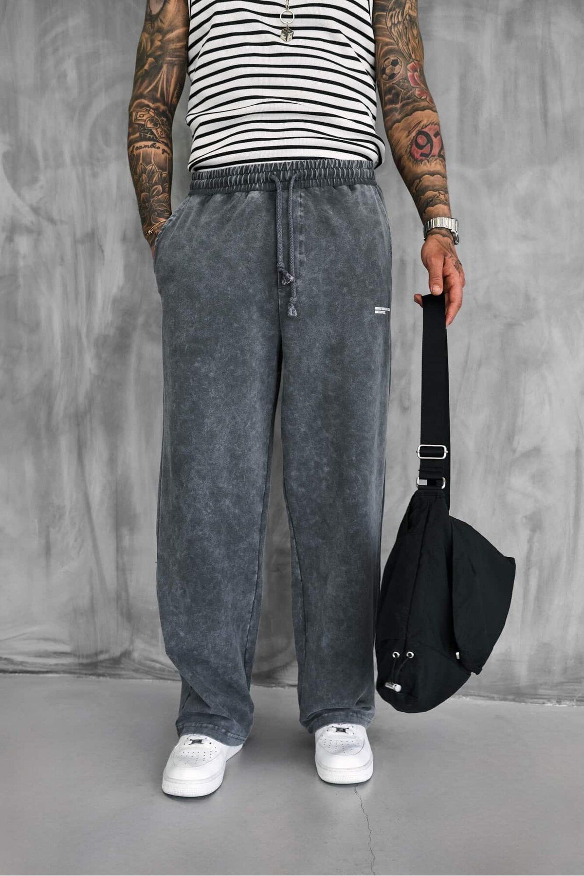 ablukaonline Erkek Baskılı Yıkamalı Baggy Fit Eşofman Füme