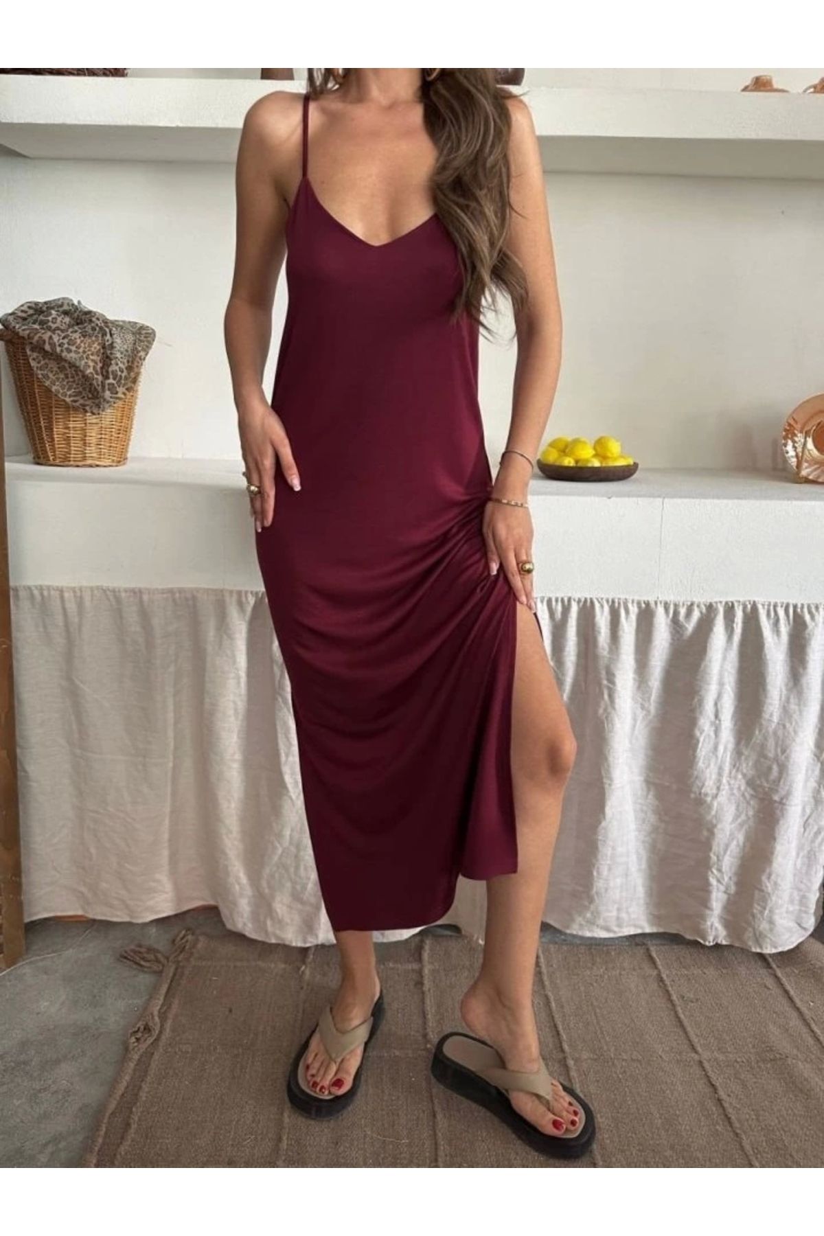 Butik Kadın Modal Pike Kumaş Asansör Askılı Iki Yan Yırtmaçlı Elbise