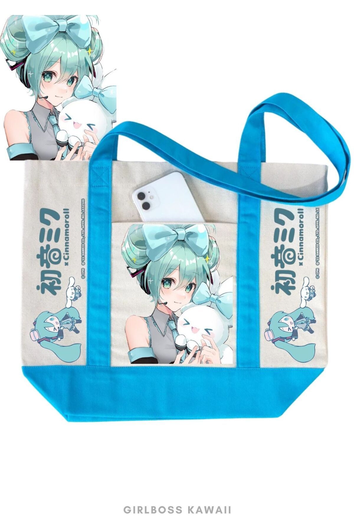 Girlboss Kawaii Girlboss Cinnamoroll & Hatsune Miku kanvas çanta ön cepli büyük boyut / alışveriş , spor , plaj