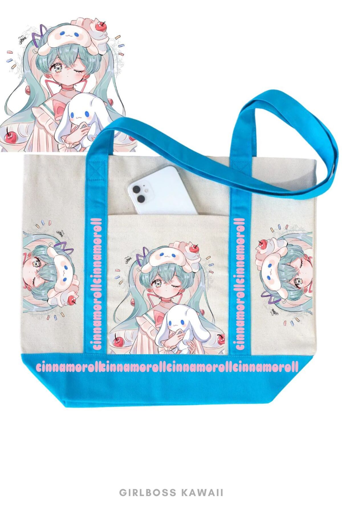 Girlboss Kawaii Girlboss Cinnamoroll & Hatsune Miku kanvas çanta ön cepli büyük boyut / alışveriş , spor , plaj