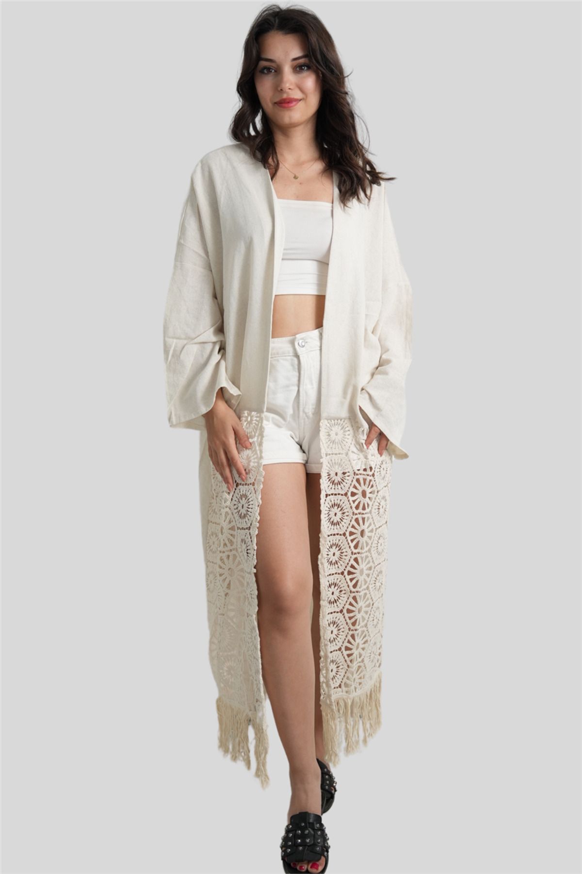 Miss Boheme Bej Renk Dantel Detaylı Kaftan