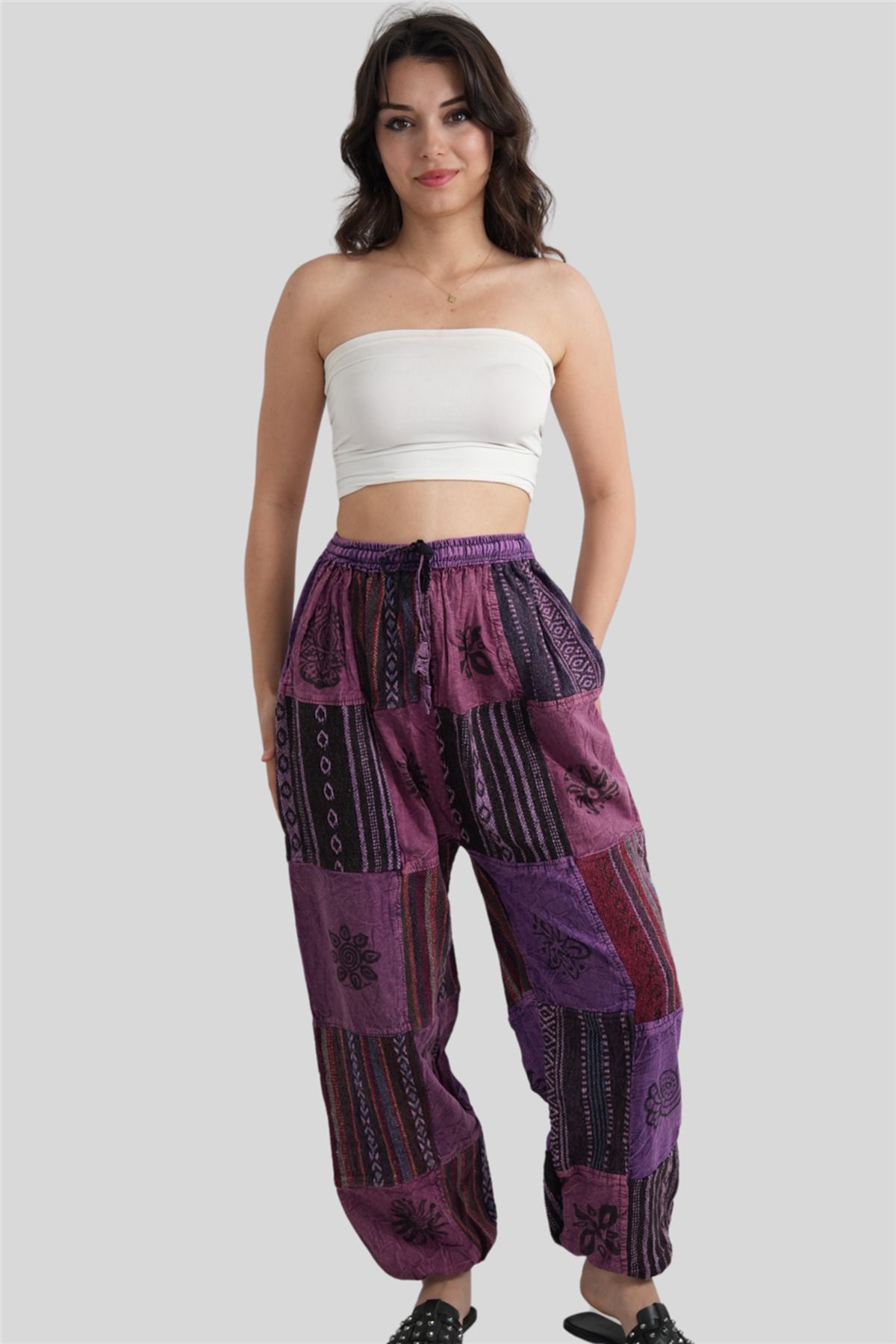 Miss Boheme Mor Unisex Kilim İşlemeli Bohem Nepal Patchwork Pantolon