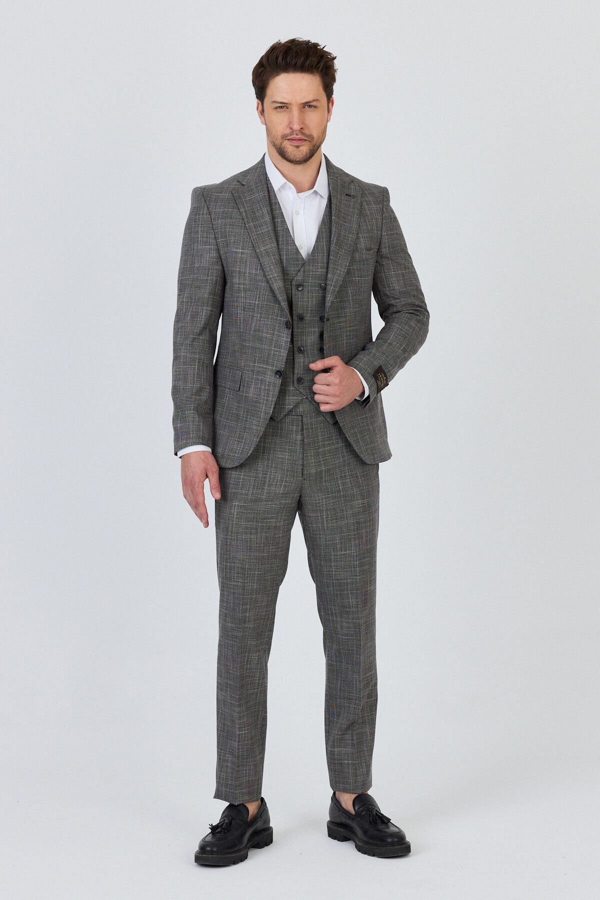 Frappoli Pessina Erkek Siyah-Gri Ceket+Pantolon+Yelek Çift Yırtmaçlı Slim Fit Takim Elbise