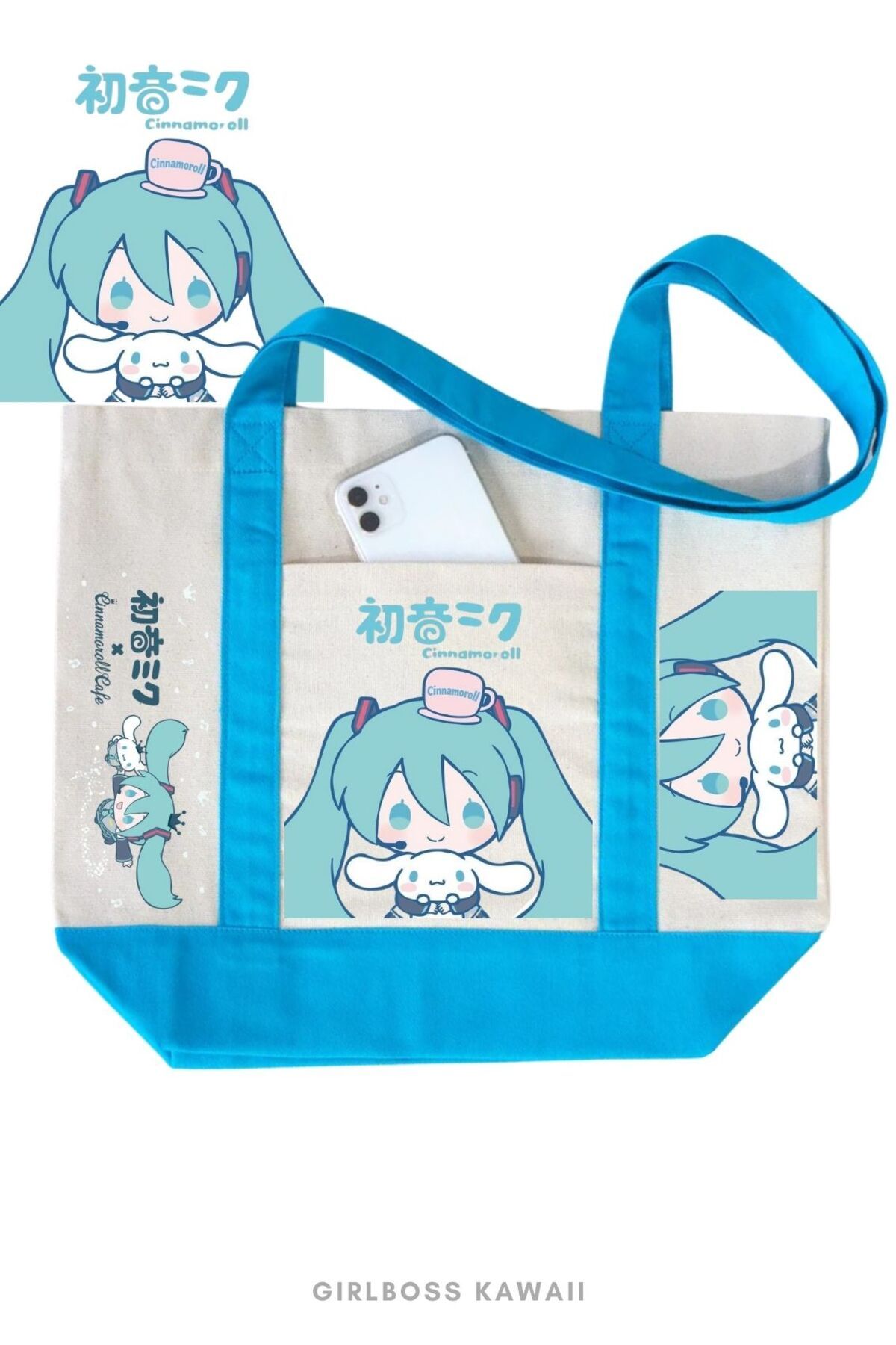 Girlboss Kawaii Girlboss Cinnamoroll & Hatsune Miku kanvas çanta ön cepli büyük boyut / alışveriş , spor , plaj