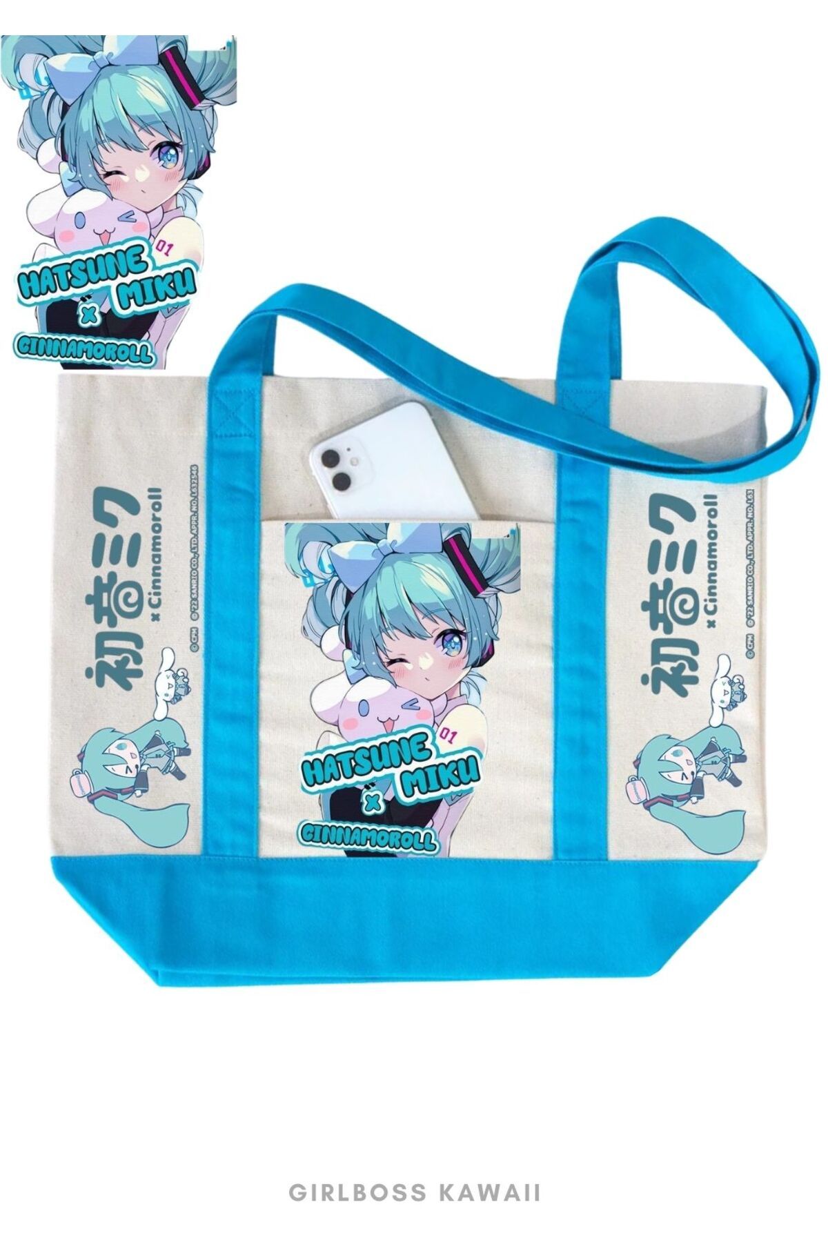 Girlboss Kawaii Girlboss Cinnamoroll & Hatsune Miku kanvas çanta ön cepli büyük boyut / alışveriş , spor , plaj