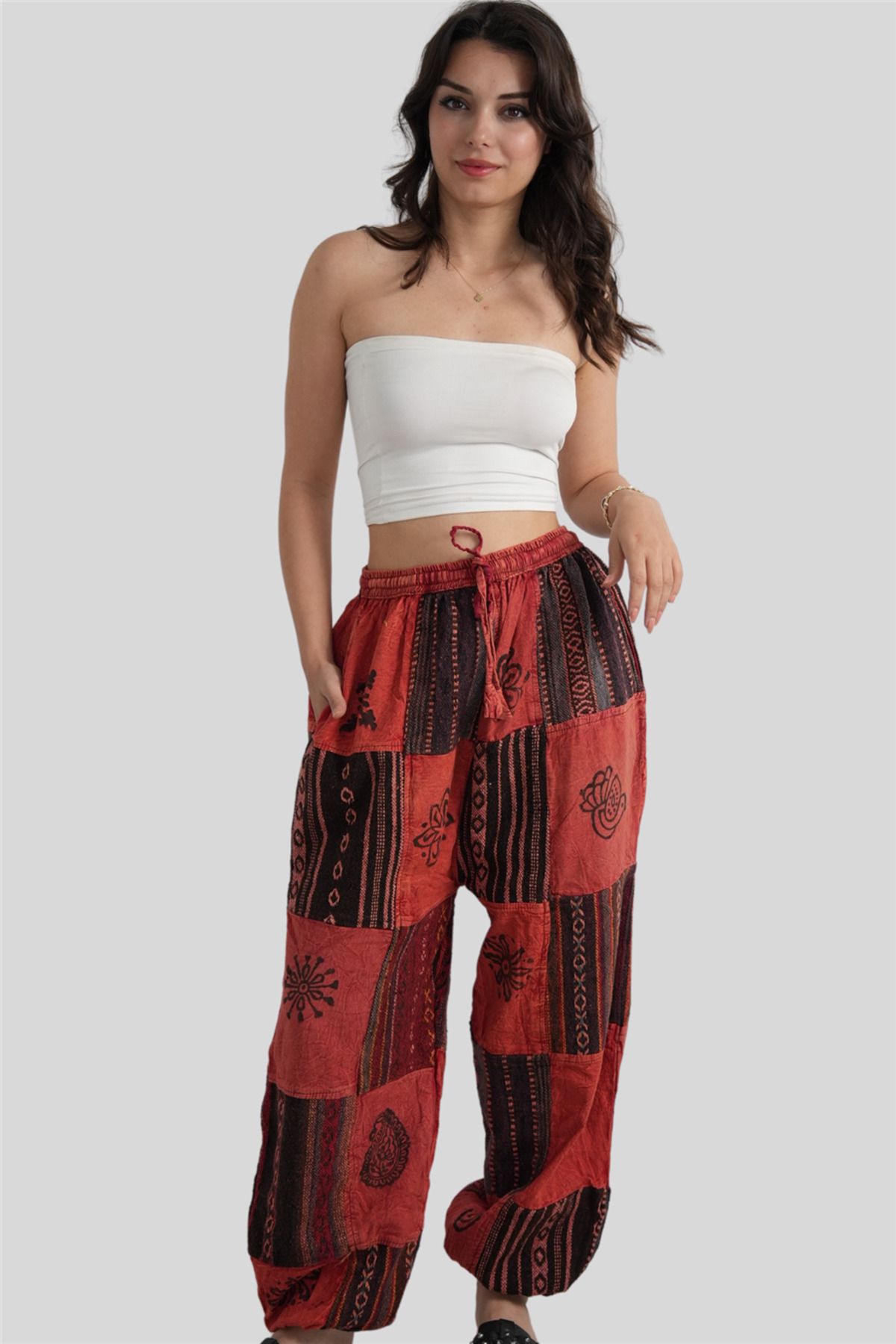 Miss Boheme Kırmızı Unisex Kilim İşlemeli Bohem Nepal Patchwork Pantolon