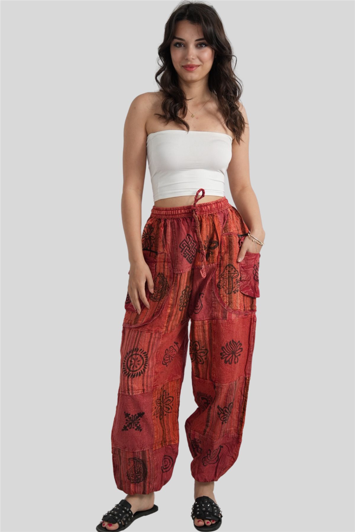 Miss Boheme Kırmızı Unisex Bohem Nepal Cepli Fermuar Detaylı Pantolon