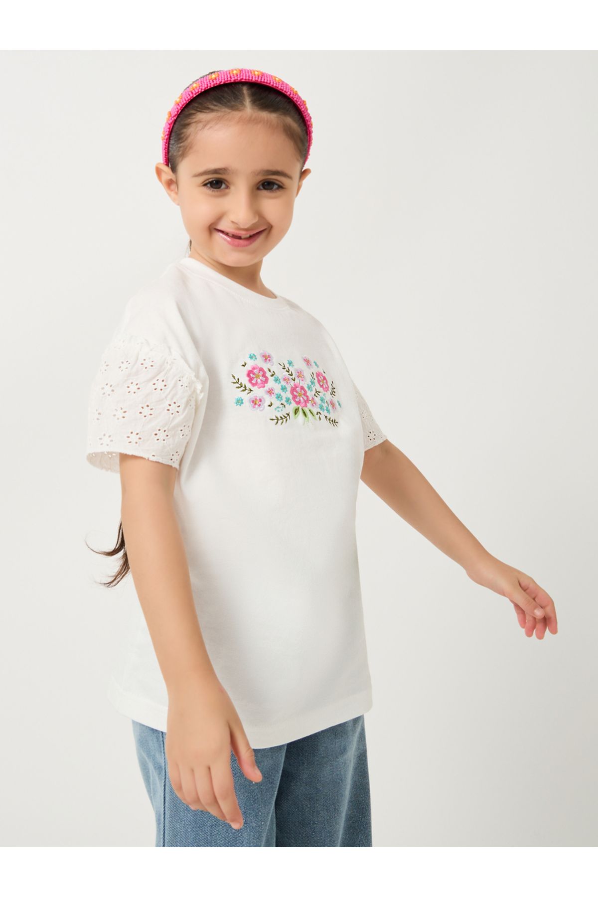 Styli Embroidered Short Sleeve T-Shirt with Schiffli Sleeves