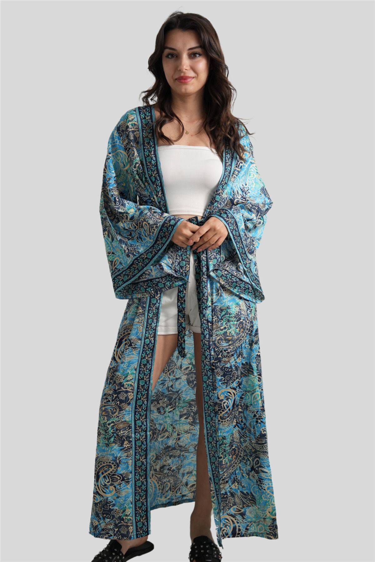 Miss Boheme Turkuaz Çiçek Desenli İpek Kaftan